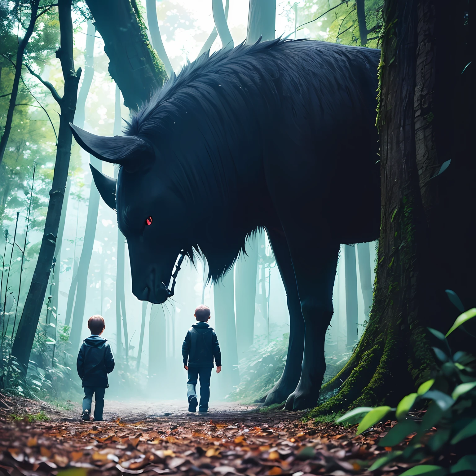 Two 10-year-old boys(2boy)In the mysterious forest,Footage from a horror movie,Dark tones,realisticlying,realisticlying:1.2),physically-based renderingt,Long shots,Photography from a low angle from behind,visual depth,Amazing perspective,(HighestQuali:1.3),Cinema lenses,tmasterpiece,(Sharp focus:1.5),(realisticlying:1.3),((Very fine and beautiful))