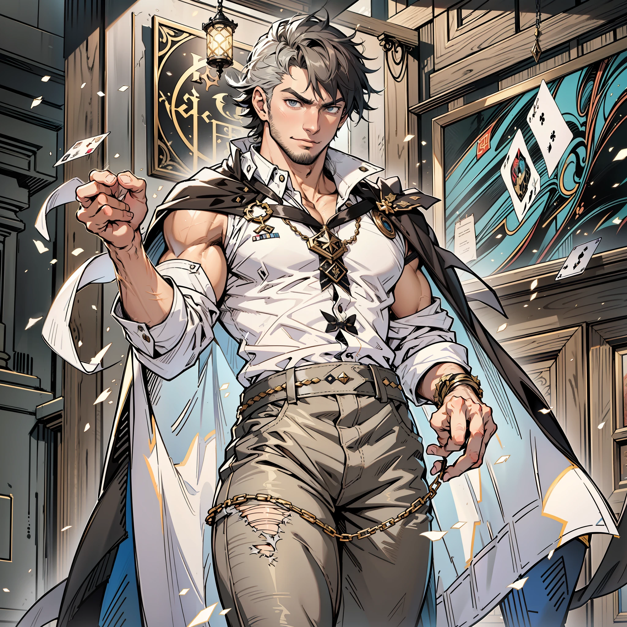 1male, solo male, adult, black scruffy stubble, cool black hair, white hair highlights, grey pupils, brown skin, handsome, semi-fit physique, tall, smirk, cocky expression. Clothing: white sleeveless button shirt, separated sleeves, dark grey coat hanging off his shoulder like a cape, black jeans, dark brown boots. Wizard aesthetic. Asian sorcerer. Battle pose. Arcana cards floating in the background. Hand is holding magic glyph. Hi res. Best quality. Masterpiece. Manhua artwork. Light Novel Character. Correct anatomy. Correct hand anatomy. Five fingers each hand. Best quality. Ultra high res drawing. Masterpiece.