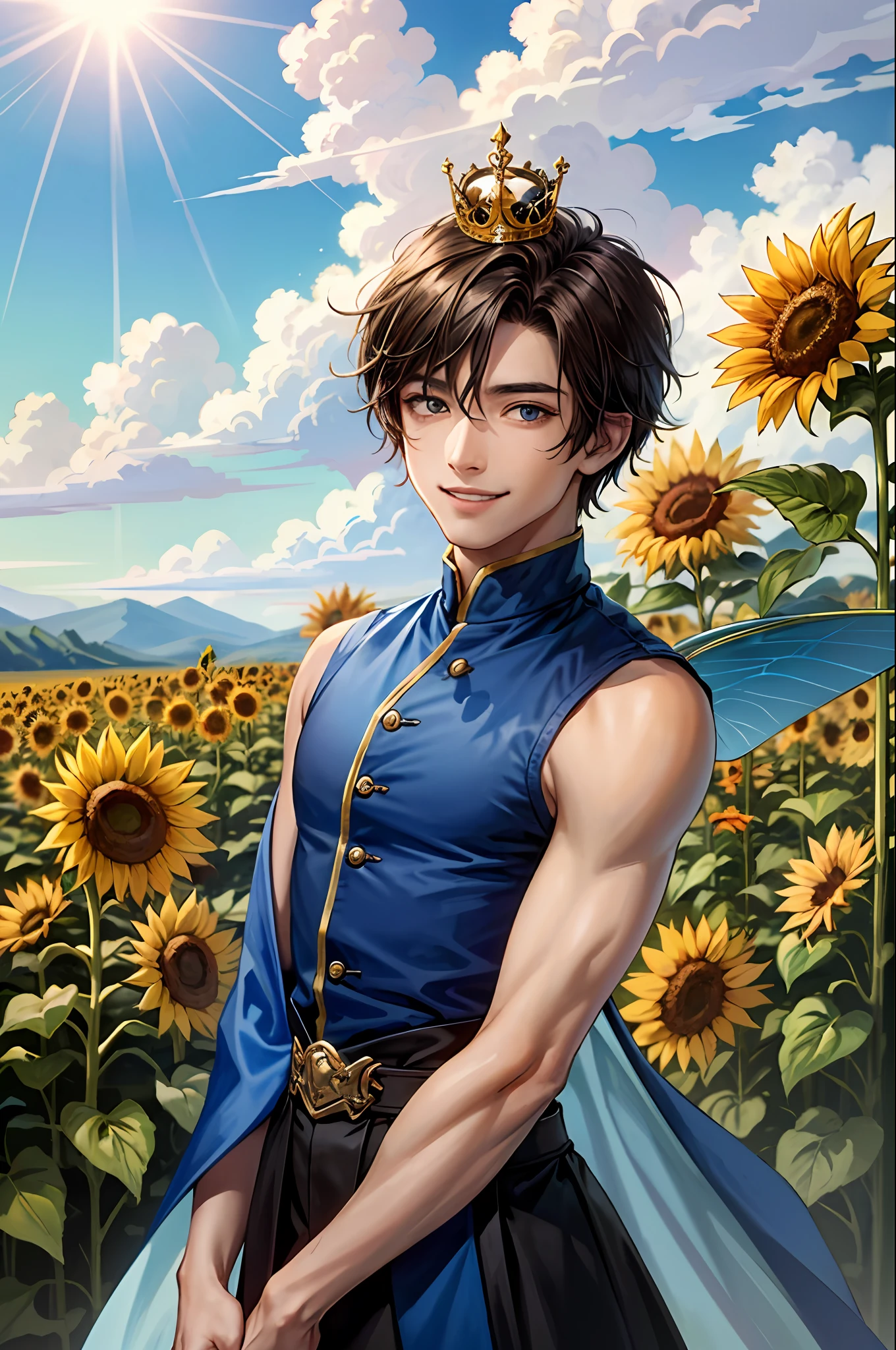 (Face Focus)、(1male people、独奏、tanned dark skin、a cool)、(short-haired、Brown hair、Blue eyes、a smile)、Sunflower Fairy、fairy wings、Sun flower、prince、Leprechaun、elf-ears、sunflowers fields、Leprechaun、Gold crown on the head、sunflower hair ornament、Vast sky、blue-sky、Vigorous、