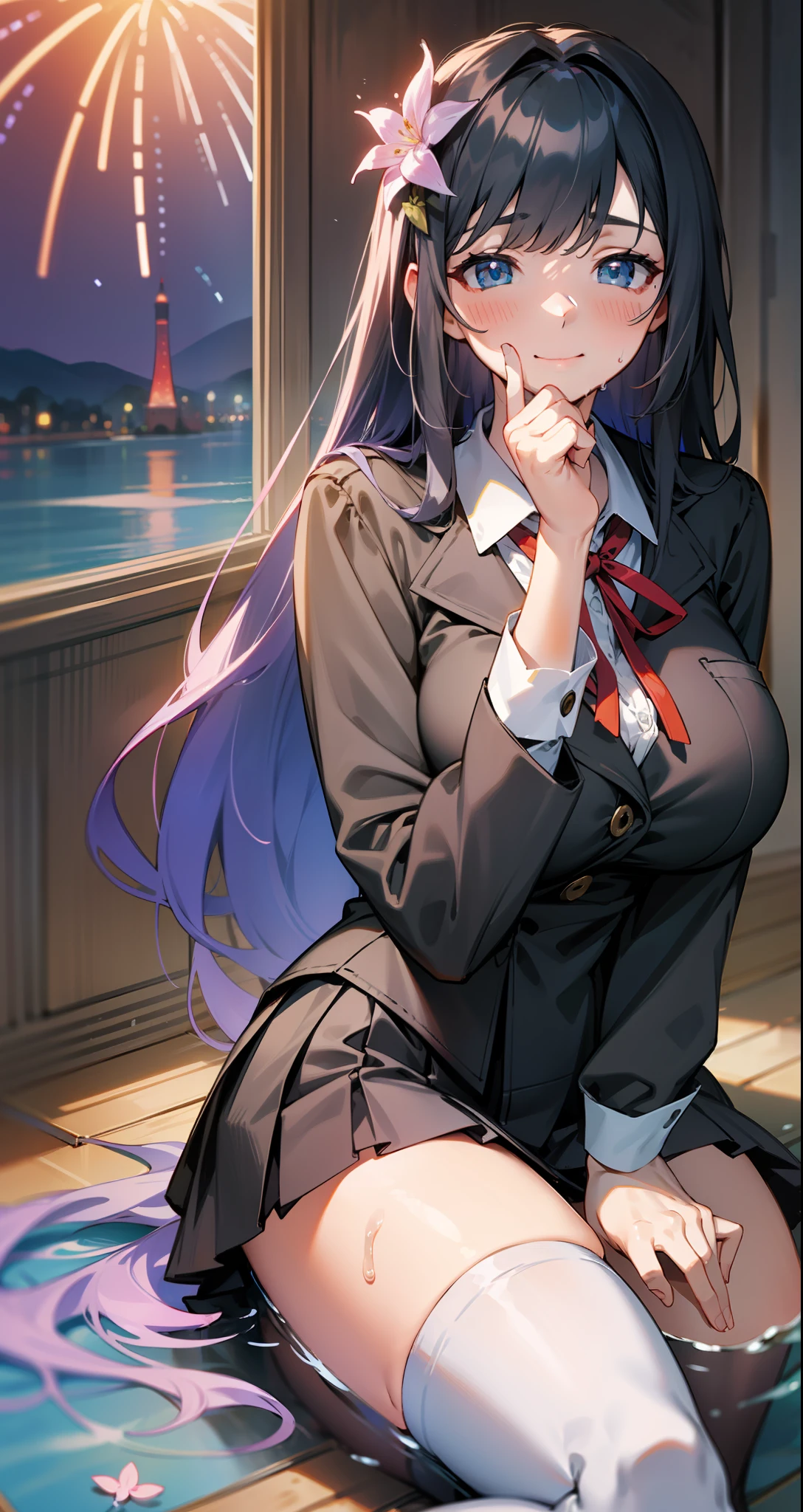 masterpiece, best quality, masterpiece,best quality,official art,extremely detailed CG unity 8k wallpaper, fireworks, beautiful detailed water, game_cg, partially unbuttoned, absurdly long hair, colored inner hair, black hair, wet hair, straight hair, bangs, hair over breasts, hair ribbon, hair flower, butterfly hair ornament, gradient_eyes, beautiful detailed eyes, light blush, looking at viewer, light smile, huge breasts, school uniform, miniskirt, white kneehighs, black kneehighs, flower ribbon, leg_lift, cat_pose, sitting,