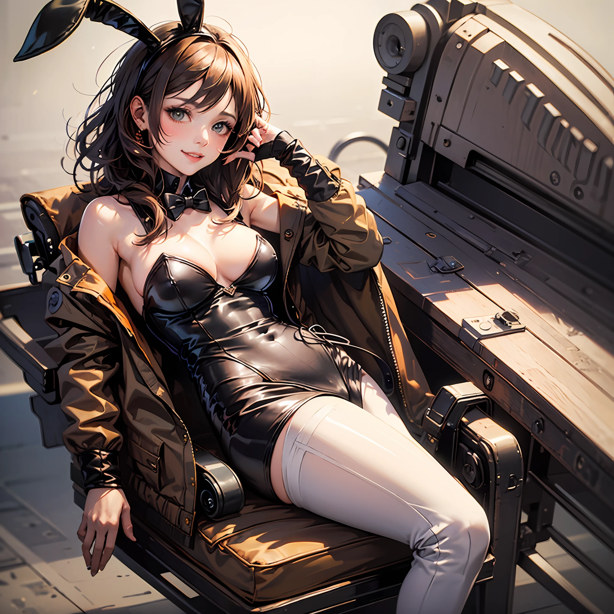 1girll, Large breasts,Blush,cleavage,(a playboy bunny:1.3),Light smile, Sitting,OriginalOutfit, 1girll, Solo, Breasts, cropped legs, Jacket, tightsuit, White pants, Pants, view the viewer, hand on hips, Medium breasts, Green jacket, cropped shoulders --auto
