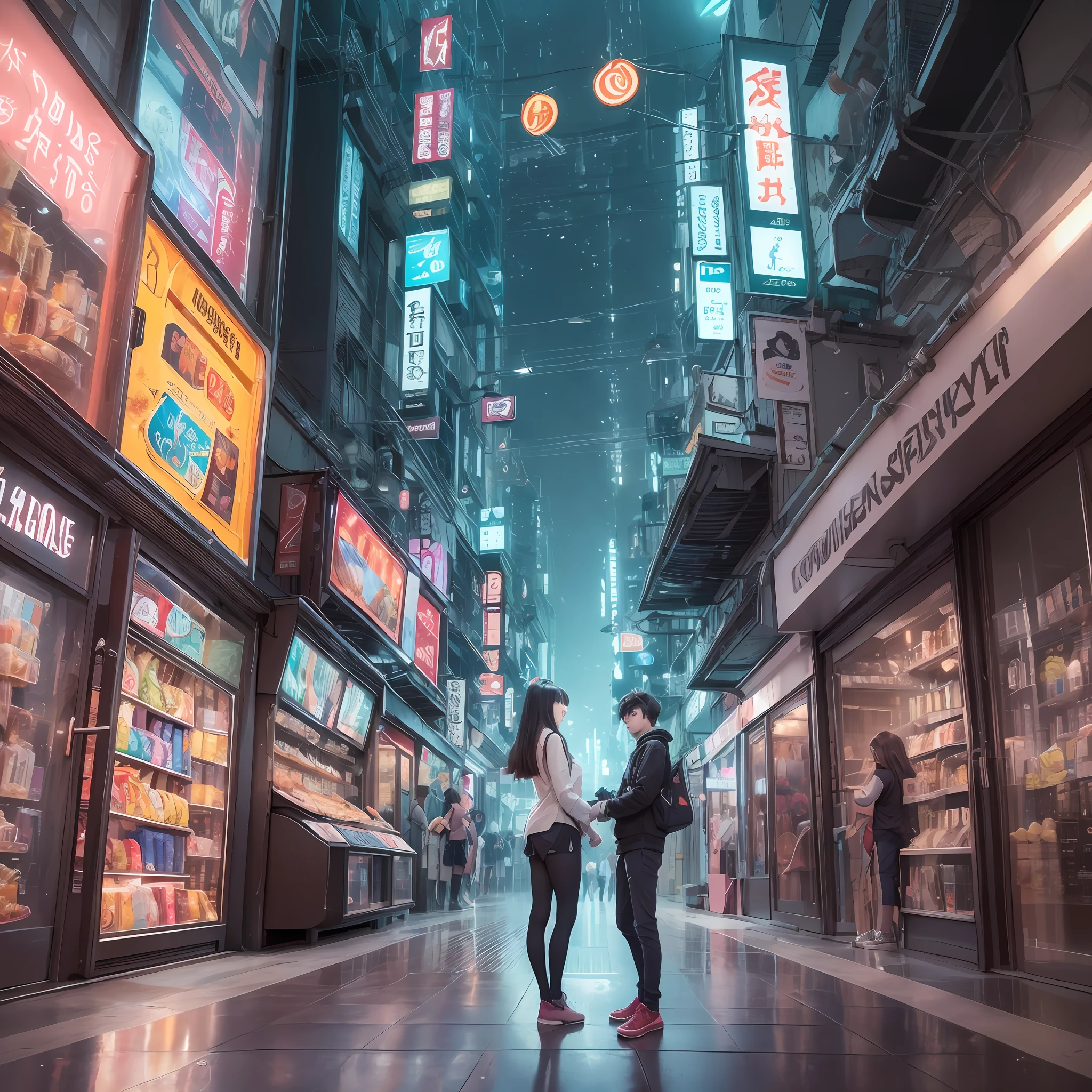 (best quality:1.2),  a couple of people standing in front of a vending machine, cyberpunk art by Yuumei, trending on pixiv, fantastic realism, guweiz and makoto shinkai, tokyo , sakimichan and makoto shinkai, ross tran and makoto shinkai, artwork in the style of guweiz, nostalgic melancholic artwork