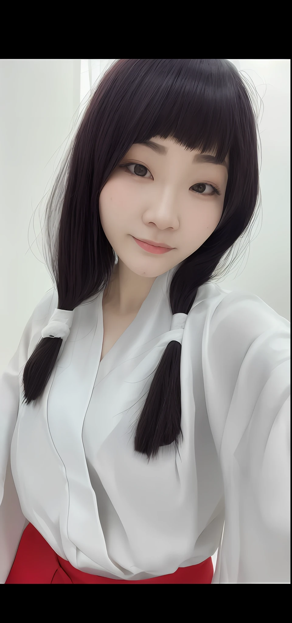 Alafed Asian woman in white shirt and red skirt poses for photo, wearing a simple robe, 奈良美智, white hanfu, wearing white silk robe, Anime girl cosplay, with black pigtails, wearing a white robe, white hime cut hairstyle, flowing hair and long robes, Kotegawa Yui、large full breasts