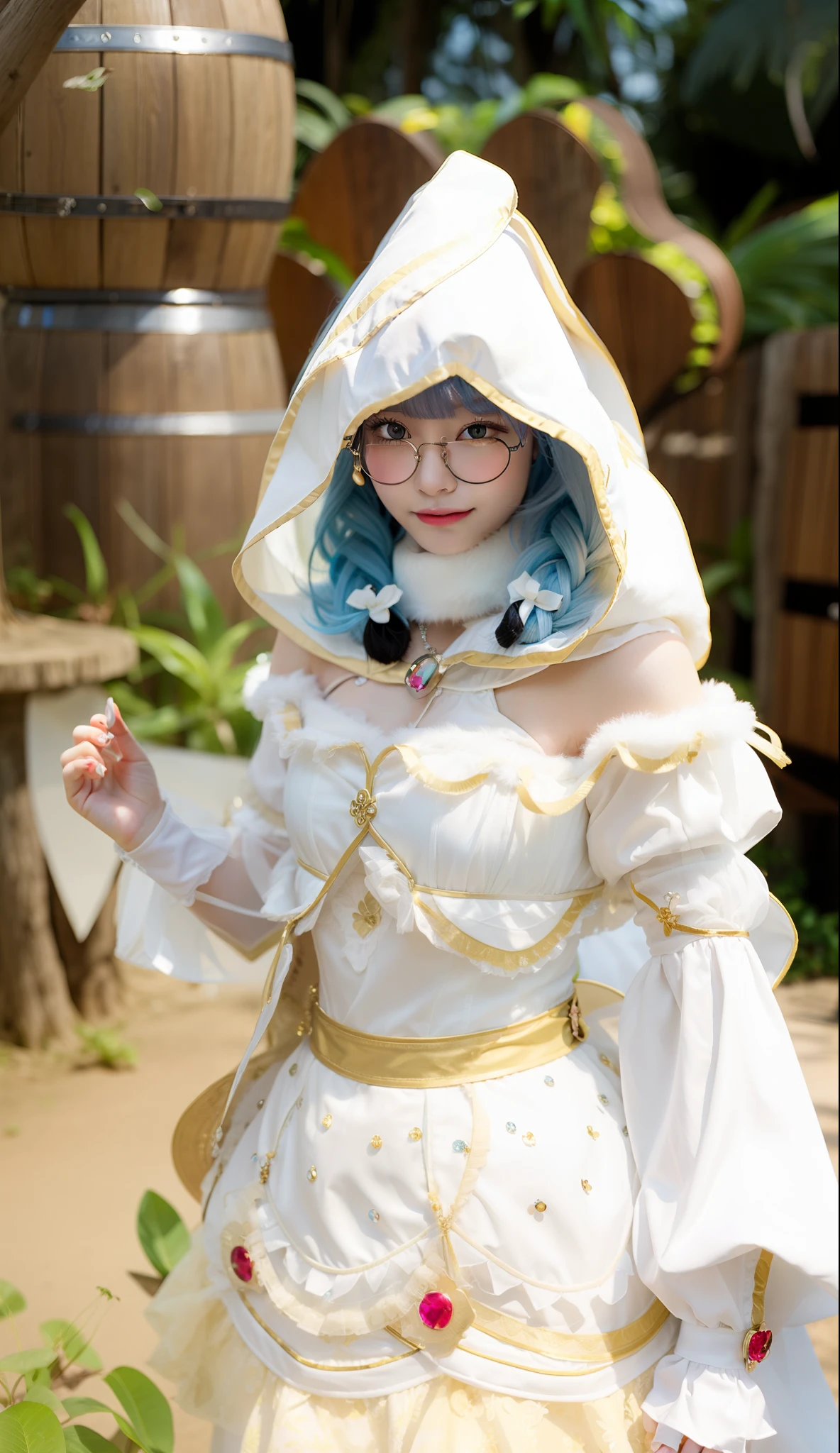1girl, Fantasy, Beautiful jungle backround, Blue color eyes, Beauty face, Blue sky hair color, Braid hair style, Use O spectacles, White Outfit, Realistic, Ultra detail, Same outfit detai, 70mm lens