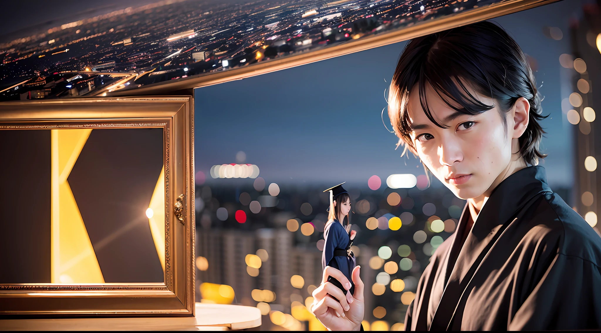 ((1 man))、4K 、(​masterpiece, top-quality, ighly detailed:1.2)、(Academic Gowns:1)、(Black yukata:1.2)、(Night、Night view of the factory:0.8)