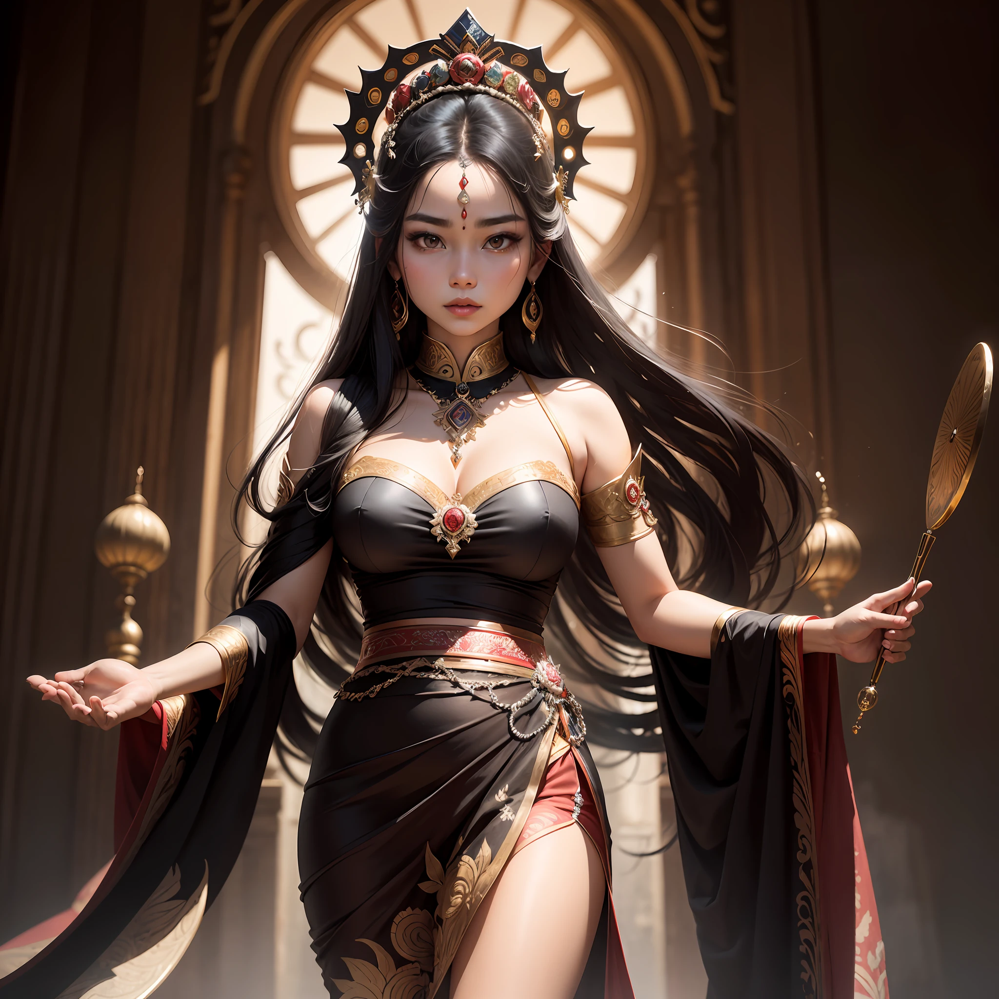 Roro Jonggrang is a legendary figure from Javanese folklore who is renowned for her exceptional beauty. According to tradition, she is said to have possessed a fair complexion, long dark hair, and enchanting black eyes. She is often depicted wearing traditional Javanese attire, which consists of a long kebaya blouse and a skirt that drapes elegantly over her frame. Roro Jonggrang's appearance is often likened to that of a goddess, with delicate features and a regal presence that immediately commands respect. Her beauty is celebrated across Indonesia and has inspired countless works of art throughout the centuries., absurdres, high-res, ultra-detailed, --auto