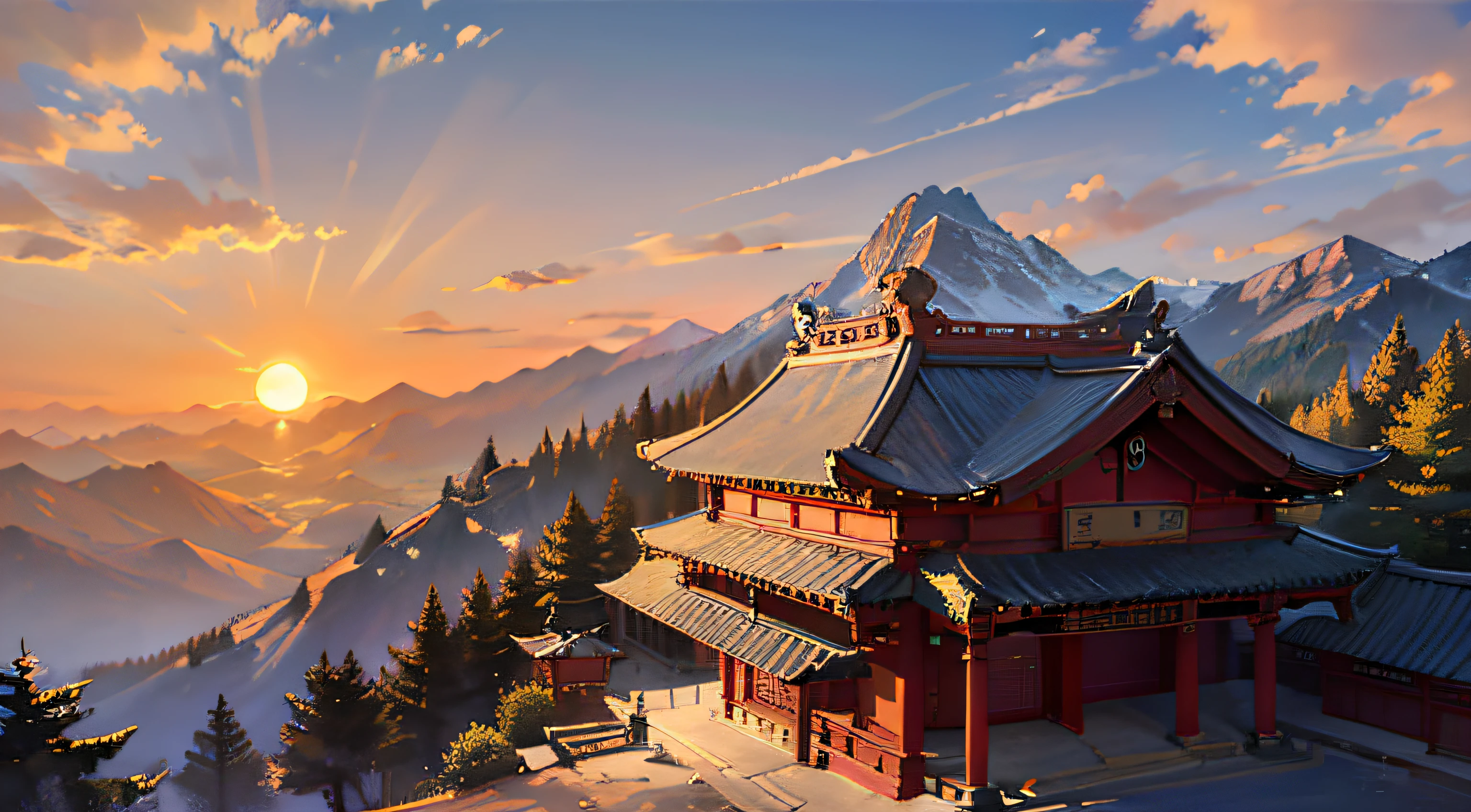 (the setting sun, King Teng's Pavilion:1.2), Brilliant, Resplendent，High mountains，Qushui smooth，Independent royal city，Beautiful scenery of Caixia，Mountains and peaks, Secluded and deep, Heirloom attractions, Stunning views。