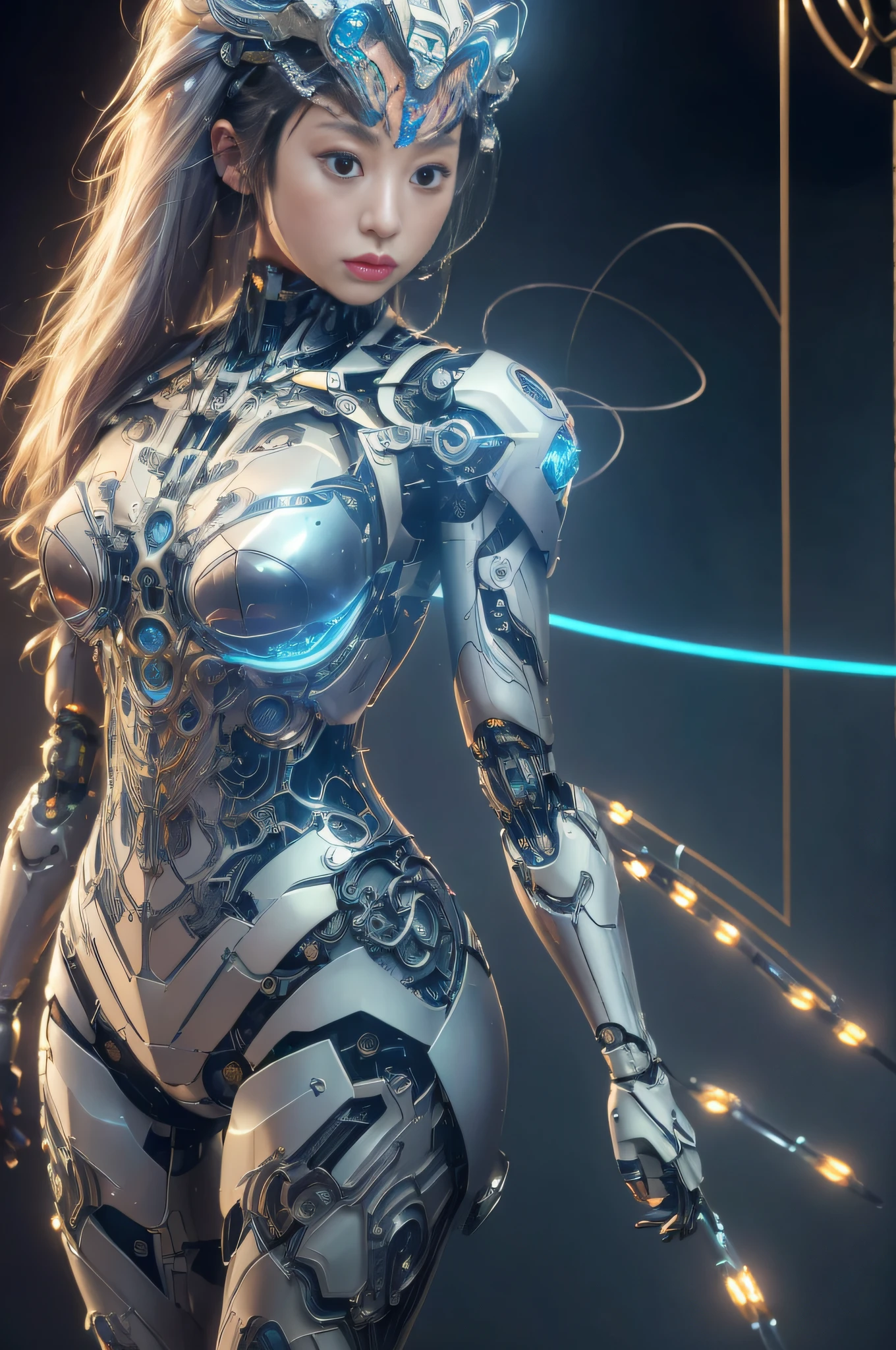 Masterpiece, best quality, super detailed, very detailed illustrations, very detailed, intricate details, high resolution, super complex details, very detailed 8k cg wallpaper, 50MM lens, caustics, reflections, ray tracing, nebulae, dark halos, network effects, (1girl:1.4), solo, alone, mecha musume, mechanical parts, robot joints, single mechanical arm, headgear, mechanical halo, star halo, electric mechanical bodysuit, mecha corset, kimono, full armor, very long hair, white hair, hair between eyes, multicolored hair, blue eyes, glowing eyes, random expression, random action, ancient chinese architecture, starry sky, skyline,