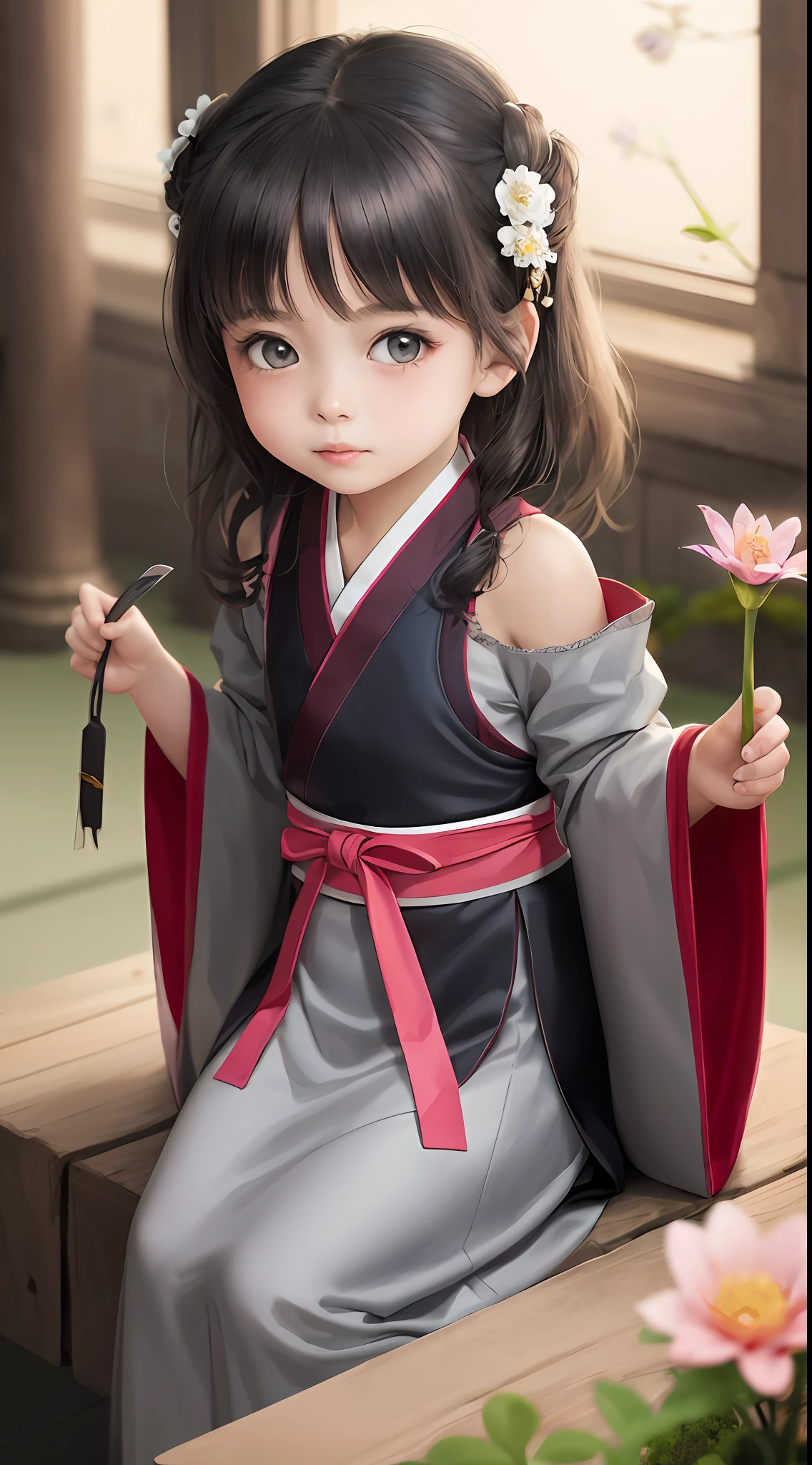 Anime girl in kimono dress holding flowers and knives, lovely digital painting, Beautiful character painting, Palace ， A girl in Hanfu, Realistic cute girl painting, Guviz-style artwork, Beautiful digital artwork, adorable digital art, Cute detailed digital art, childrens art in artstation, Spastic Painting wind, author：Li Fangying