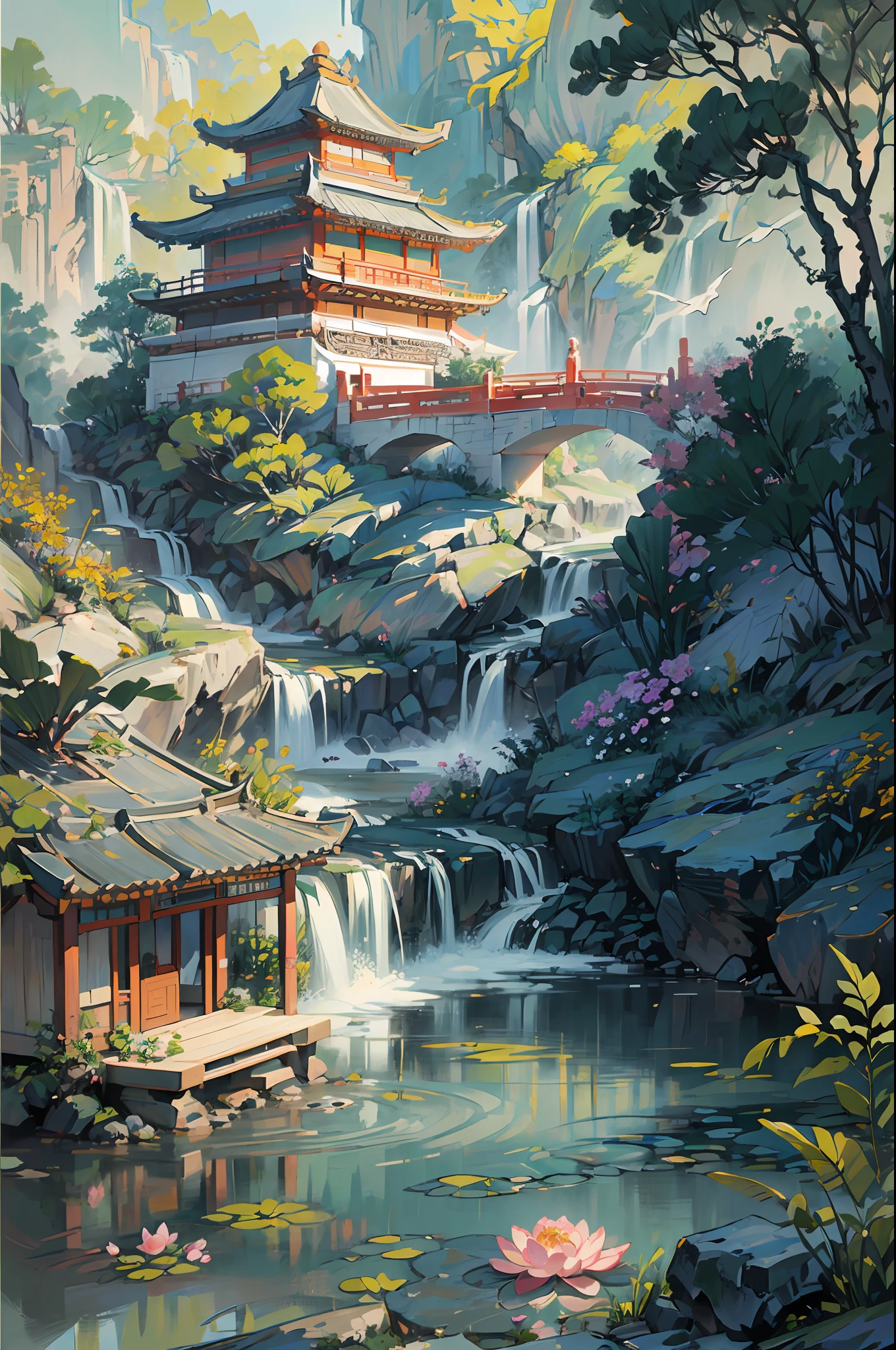((Best quality, masterpiece: 1.2)), CG, 8K, intricate details, cinematic perspective, (no one around), (Ancient Chinese garden), pond filled with lotus flowers, rocks, flowers, bamboo forests, waterfalls, wooded areas, small bridges spanning babbling streams, detailed foliage and flowers, (sunlight shining, sparkling waves), peaceful and serene atmosphere, ((soft and elegant colors)), ((exquisitely crafted composition))