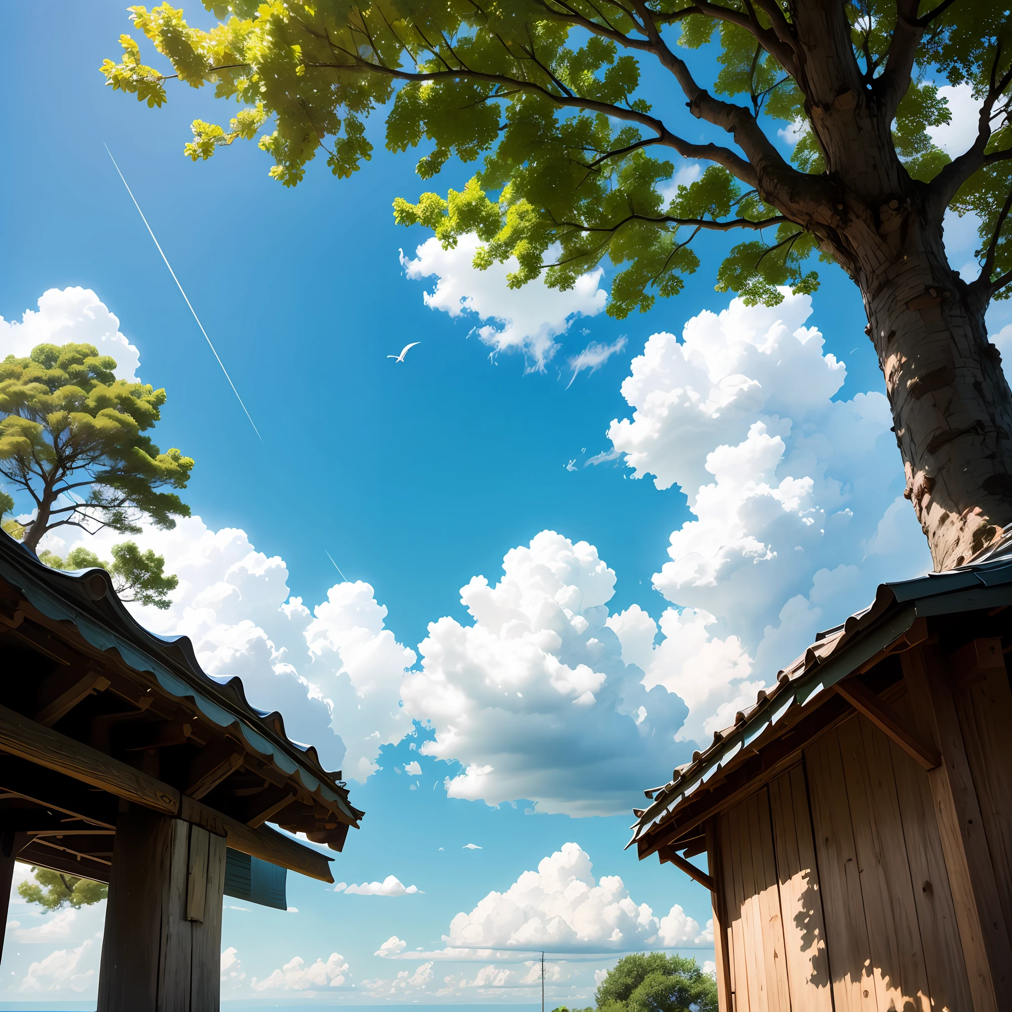 blue open sky,There are fine clouds,The sun shines down from behind the clouds with a smile on it,It adds a warm and bright atmosphere to the whole picture。The summer breeze blows,Gently rocking the treetops,White clouds float leisurely in the air,With the shade of blue of the sky,It makes up a beautiful picture。