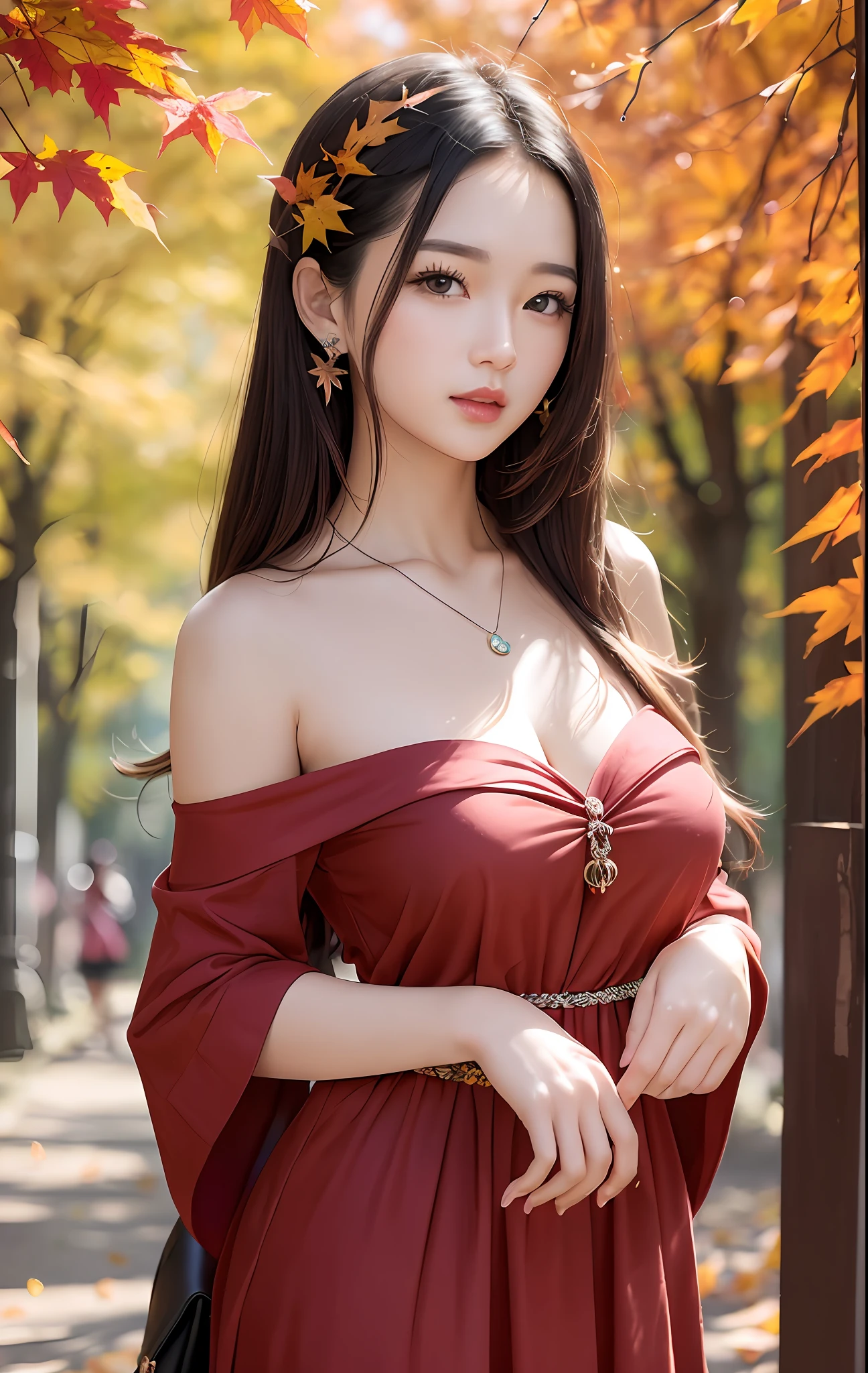 Beautuful Women、(top-quality、in 8K、32K、masterpiece、nffsw:1.3)、(Photorealsitic:1.4)、realisitic:1.2、Detailed skin、Sun glare、lensflare、Detailed shading by sunlight、depth of fields、blurry backround、(Dark Red Off-Shoulder Dress)、
kyoto、jpn、((autumn day))、Rows of autumn leaves、ear ornament、lady's、a necklace、(A sexy:1.2)、breastsout、