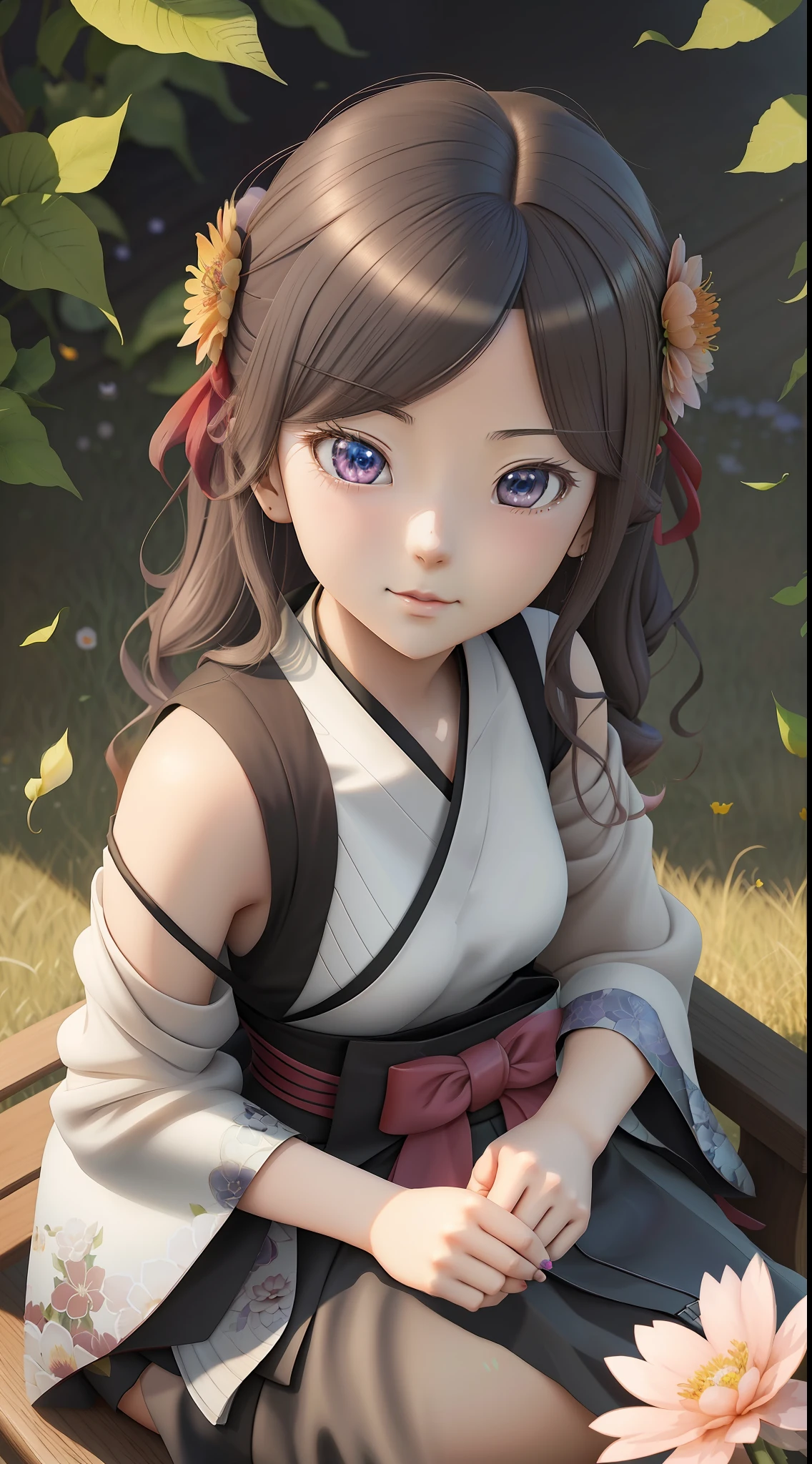 Anime girl sitting on wooden bench,A flower stuck in his hair, lovely digital painting, Guviz-style artwork, anime styled 3d, style of anime4 K, Cute detailed digital art, Realistic anime 3 D style, adorable digital art, 3 d anime realistic, Anime style. 8K, 3d anime girl, Realistic cute girl painting