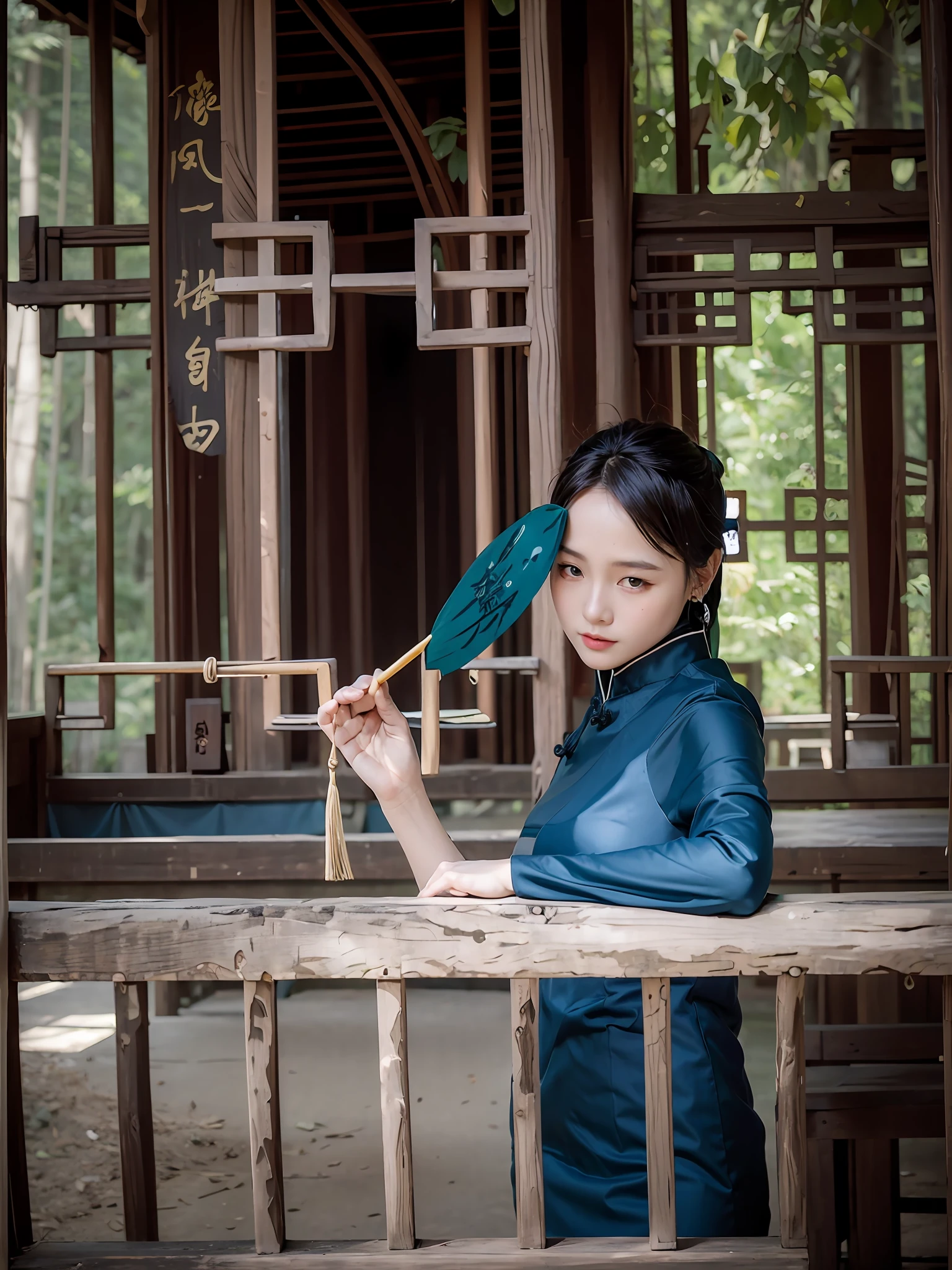 A woman in a Tang costume holds a fan,Snuggle in the forest and be obscured by a veil,Create a dreamlike scene。Tang Art Dynasty style palaces form the perfect backdrop,Like a fairy flying under the blue sky,It creates a picture full of beauty。(concentrate:In the text there are elements that express physical characteristics,So use with caution。)