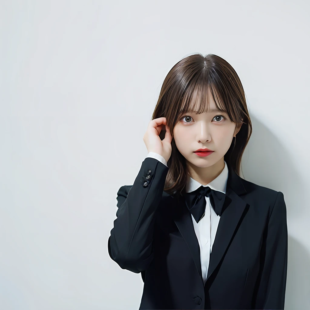 One Woman, Woman in black suit、Simple white background、Troubled face,