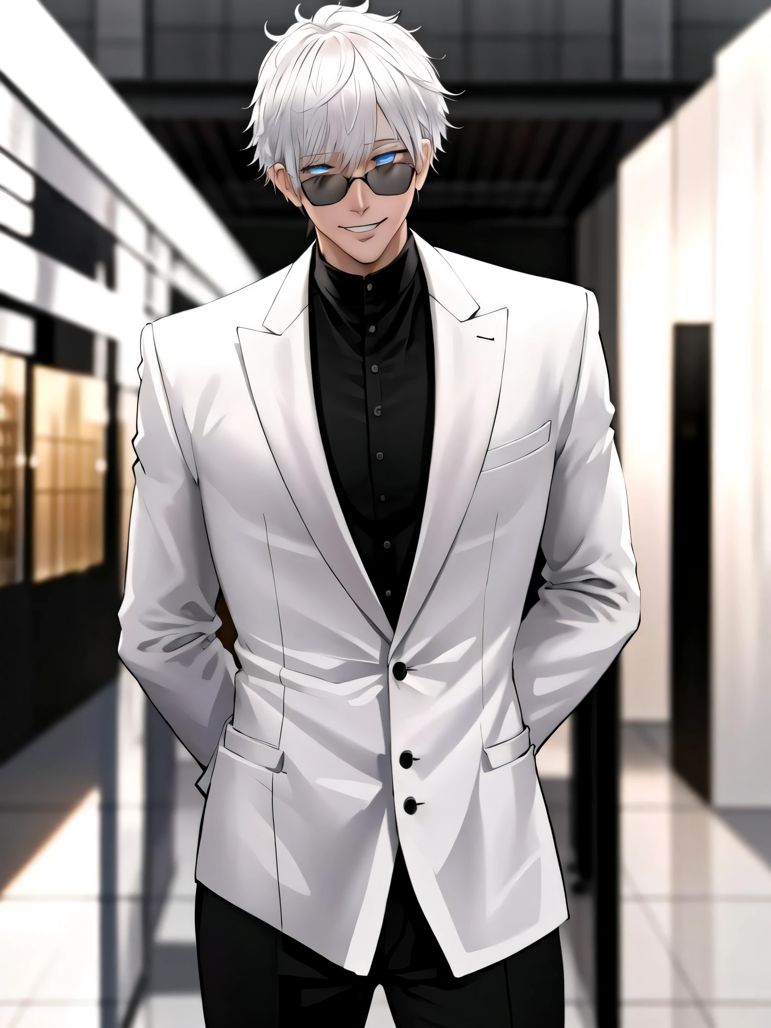 1boy, Gojo, a man with white hair and black round sunglasses, posing for a picture, black business suit, black tie, blue eyes, smirking, teeth visible, cowboy shot , (masterpiece:1.4),(best quality:1.4),(shiny skin),realistic, east asian architecture background, detailed eyes, detailed face,