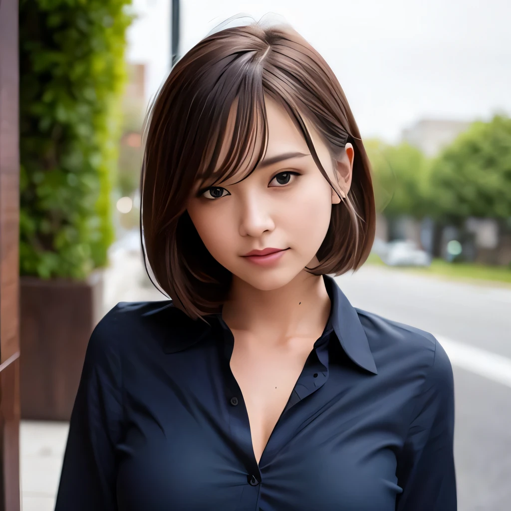 (8k, best quality, masterpiece:1.2), (realistic, photo-realistic:1.37), ultra-detailed, 1 girl, cute, solo, beautiful detailed sky, detailed cafe, night, sitting, dating, (nose blush), (smile:1.15), (closed mouth) small breasts, beautiful detailed eyes, (collared shirt:1.1), night, wet, business attire, rain, white lace, (short hair:1.2), floating hair NovaFrogStyle, topless,