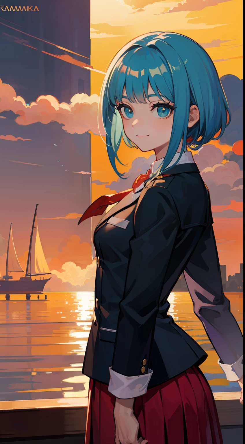 Anime characters in business clothes。ssmile,rays of sunshine,The sailboat behind him,concept art by Kamisaka Sekka, Pisif, Sots Art, ace attorney style, rimuru and milim, puce and vermillion, offcial art, vermillion and cyan, digital art from danganronpa, Medium shots of the character, official character art