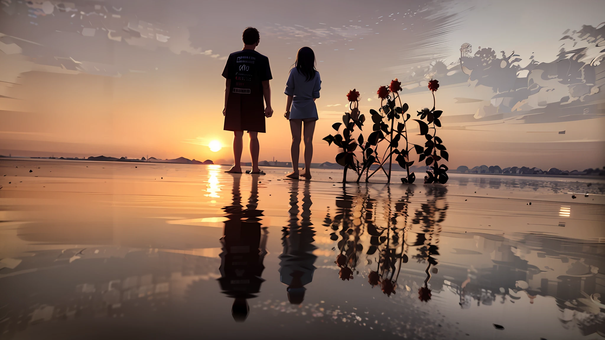 Two people standing on the beach at sunset, standing on the beach at sunset, at a beautiful sunset, With sunset, on the beach during sunset, In the sunset, with a sunset, at the sunset, looking out at a sunset, late sunset, At sunrise, watching the sunset, late sunset, On the beach at sunset, The most beautiful sunset