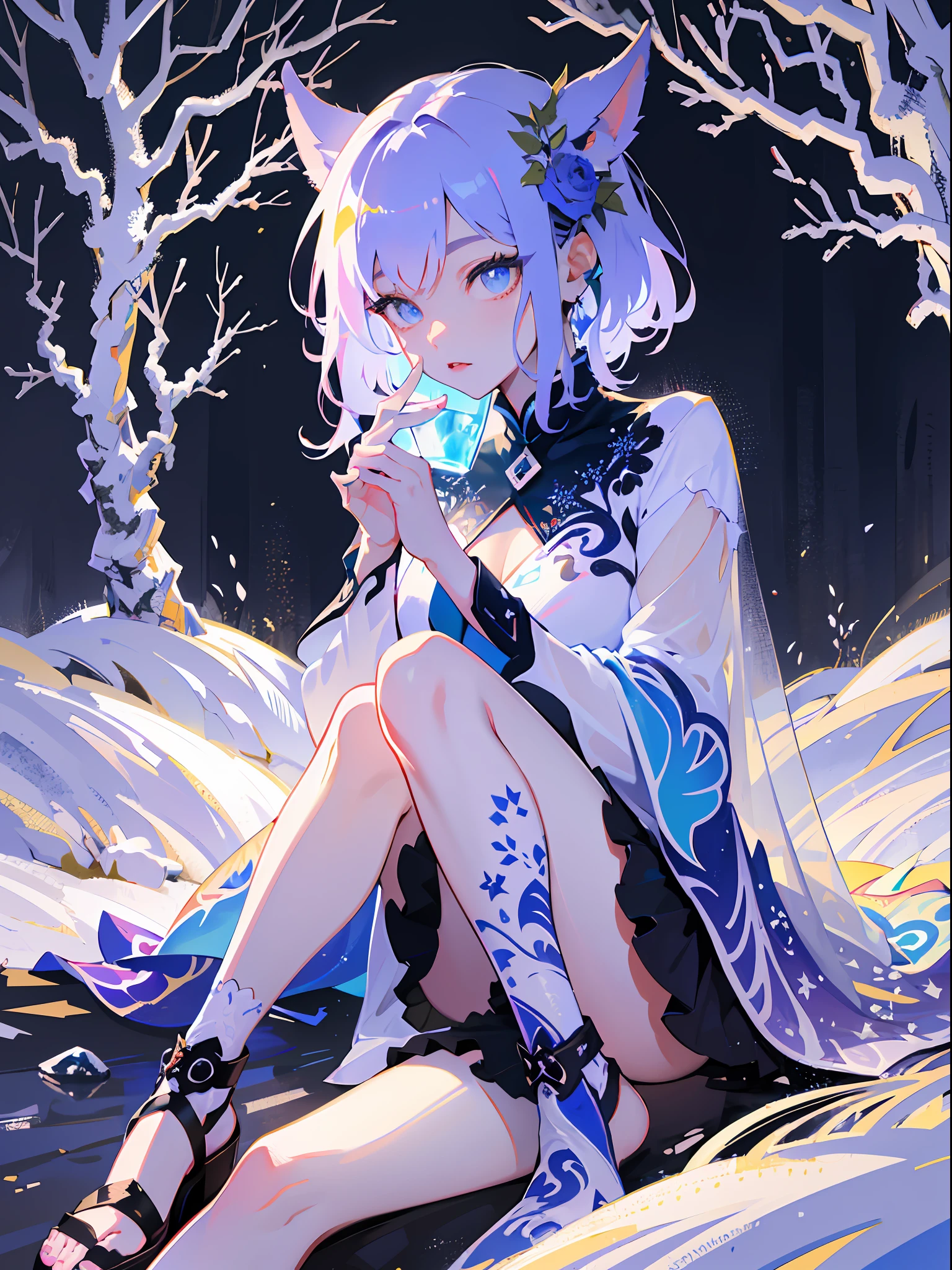 absurds，High res，ultra Detailed，official arts，统一 8k 壁纸，ultra Detailed，Beauty and aesthetics，master masterpiece，best best quality，（zentangle，Ice and snow，Tangles，Entanglement），（s fractal art：1.3），PhotoRealistic，（master masterpiece，top quality，best best quality，official arts，Beauty and aesthetics：1.2），Very Detail，s fractal art，variegated，most details，zentangle，（Abstract Background：1.5）（1boy：1.3），Kamimei，（Glowing blue eyes），Enigmatic，(MAGIC)，((Sit on a tree))，Ice and snow