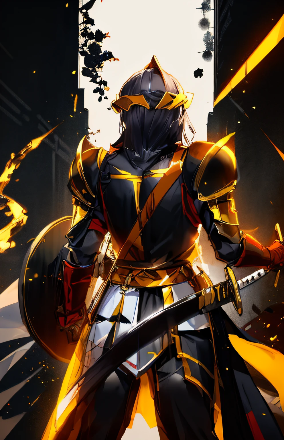 The back of a fighter,Wear black and yellow gorgeous armor,A gorgeous katana hangs from his waist,Holding a shield,Hold the handle of the knife in your hand,