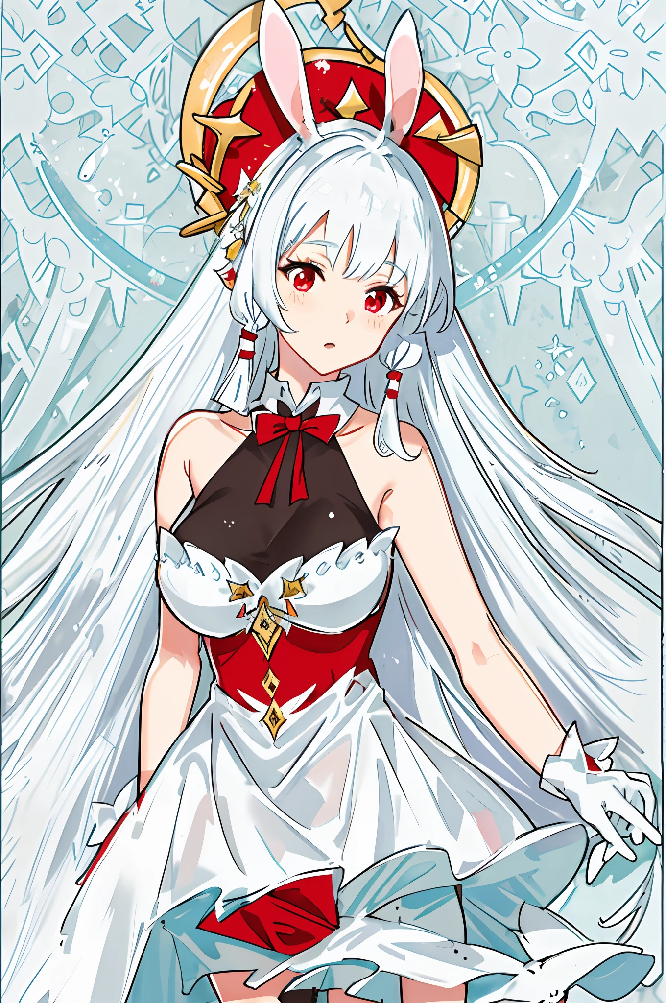 Wearing a long dress、White fur rabbit ears girl with white stockings,The chest is greatly enlarged,The expression is more rosy,Brighter red eyes,The long dress is embellished with blue,Longer rabbit ears,Rabbit ear repaint,The picture is clearer,More detailed,Holding an umbrella,Fringed braids,Wear a long plain white dress、No other colors,The two fringed braids are larger and more conspicuous,The breasts are fleshy and larger,More details