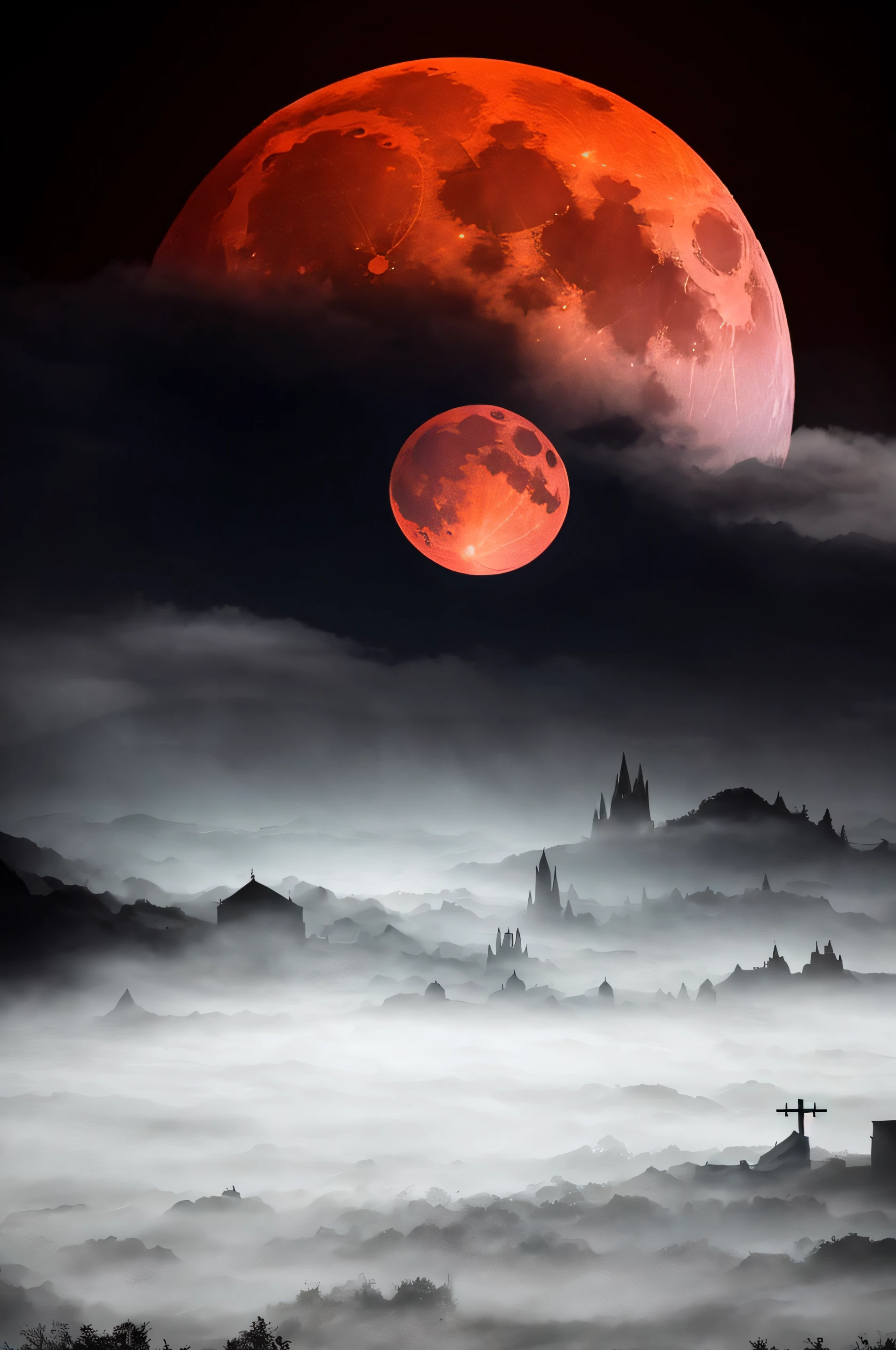Close-up of the red moon on the mountain, Detailed Crimson Moon, blood moon background, Red Moon, Blood Moon, Huge red moon, Blood red moon, during a blood moon, Epic red，A dark cloud of oppression，Blood moon in thick dark clouds，Blood Moon details， - Orange moonshine, full red moon, red rising planet, Full moon of blood, praise the blood moon, red fog, dark fantasy vibe