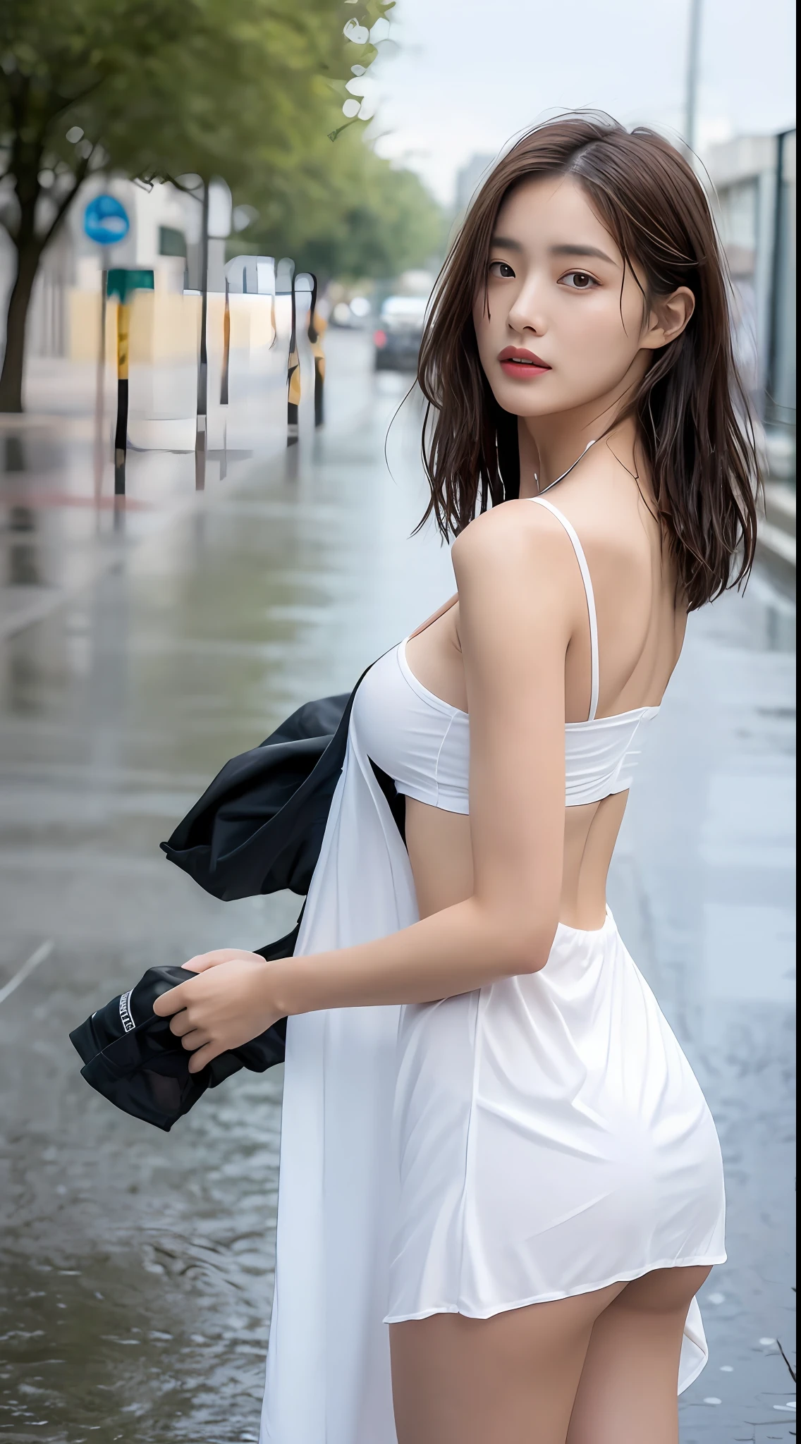 ((Best Quality, 8K, Masterpiece:1.3)), Focus: 1.2, Perfect Body Beauty: 1.4, Buttocks: 1.2, ((Layered Haircut, Breasts: 1.2)), (Wet Clothes: 1.1) , (Rain, Street:1.3), Bandeau Dress: 1.1, Highly Detailed Face and Skin Texture, Delicate Eyes, Double Eyelids, Whitened Skin, Long Hair