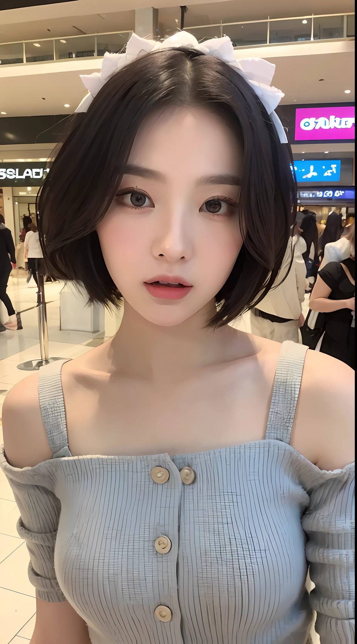 ((Best quality, 8K, Masterpiece :1.3)), Sharp focus :1.2, perfect figure beautiful woman:1.4, ((short detailed hair, mischievous expression:1.2)), (Lolita costume:1.1 ), (shopping centre:1.2), Highly detailed facial and skin texture, A detailed eye, 二重まぶた,No leakage,