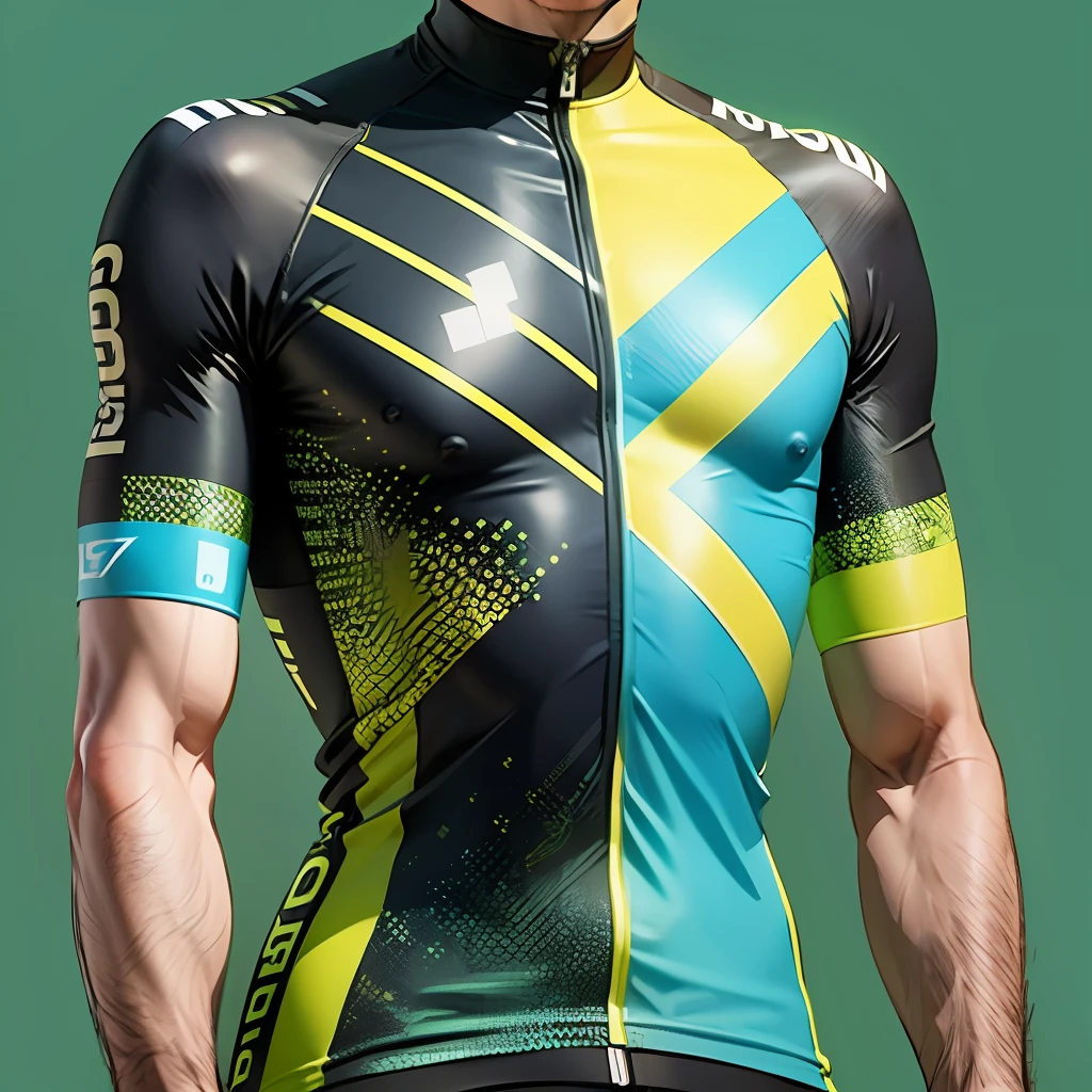 design a men's cycling jersey COLORFUL, vibrant, vector, (front), halftone style. --auto --s2