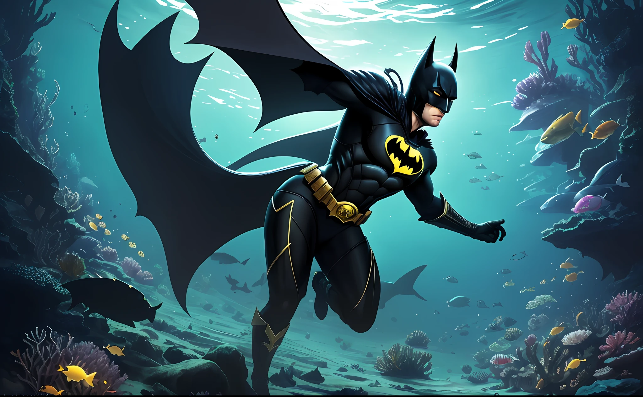 a beautiful jewel, gold batman ring with the black bat logo, in the foreground, which he lost fighting, is under the sea, on a rock, in the background crystalline waters, beams of lights cross the sea, a defocused shark swimming nearby, ring glows by daylight, futuristic, ssci-fi, fantasy, intricate, very beautiful, elegant, highly detailed, digital painting, eartstation, concept art, soft, light, hdri, sharp focus, illustrator, 4k, 1 --auto --s2
