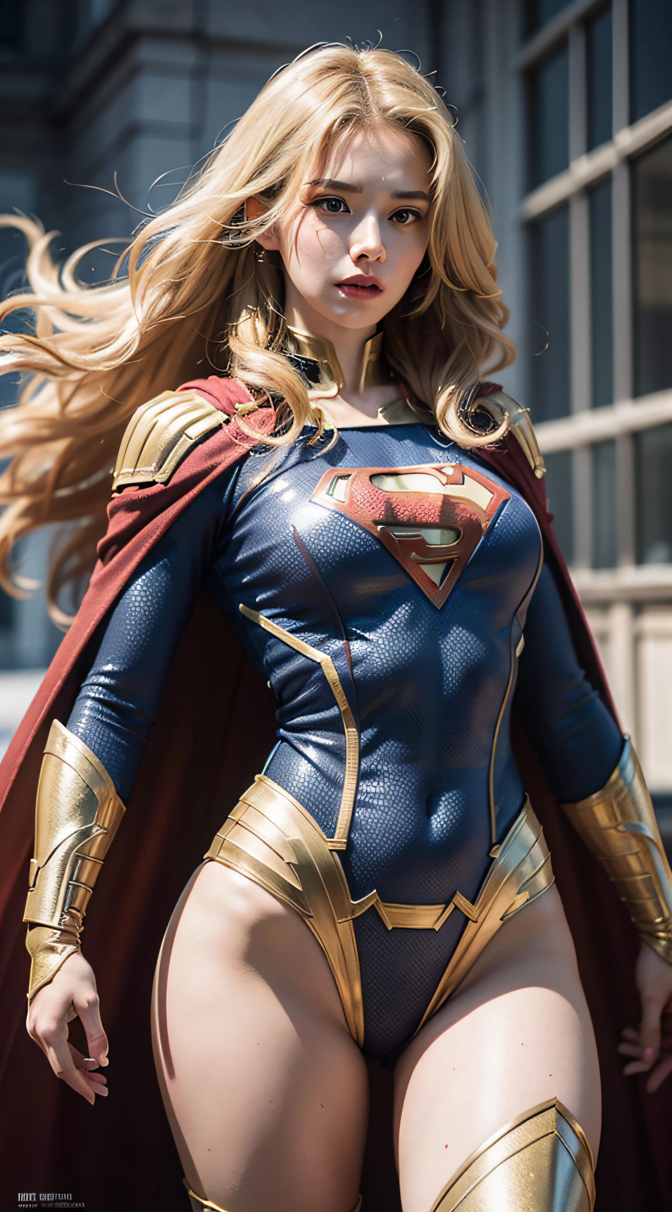 "An astounding masterpiece of high-quality ultra-detailed CG art, depicting a stunning depiction of Superwoman with flowing blonde hair in an epic superhero pose, dressed in a superhero suit with flowing cape. Her gleaming skin is incredibly detailed, revealing intricate musculature, while her torn suit and bloody injury add a sense of grit and realism to the scene."