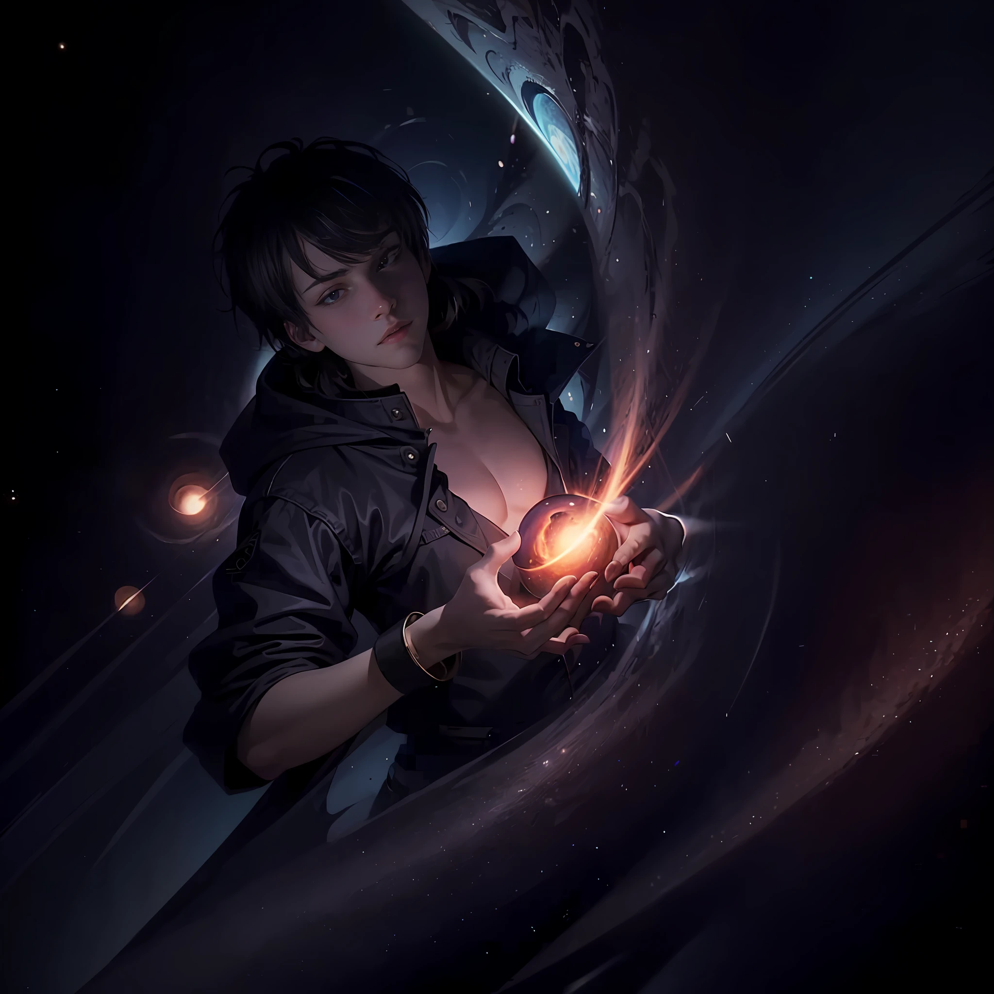 A handsome teenager raised a black hole with his left hand to see