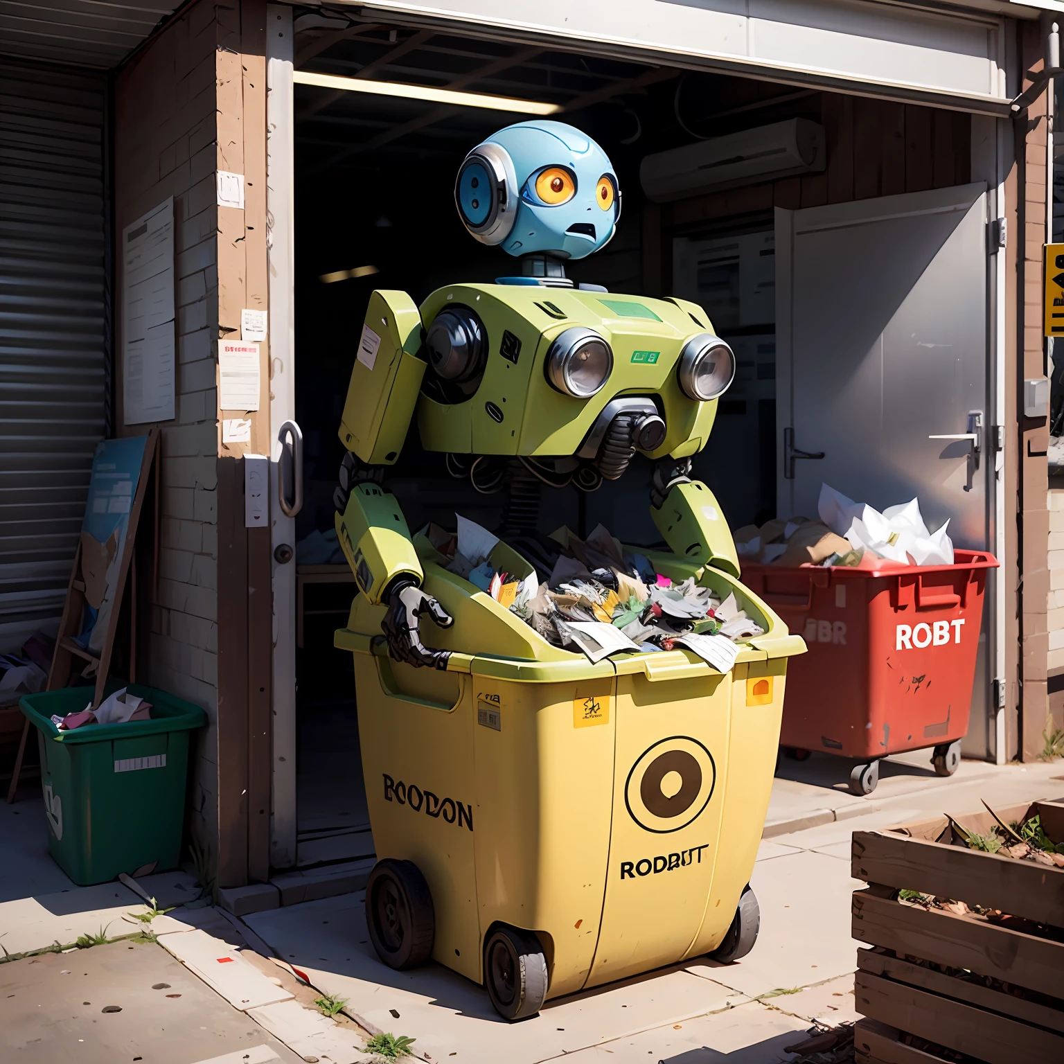 Sort the bins,No waste LOGO,Cartoon robot eyes,Robotic arm,Roller --auto