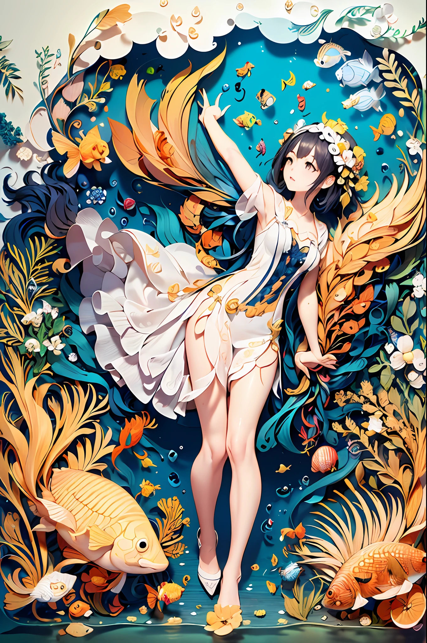 ((Masterpiece,best quality,illustration,best color)), 1 Girl, Full Body, Colorful, Yellow Cloth, (Water), Seaweed, (Goldfish,Shell,Mini octopus), (Hyper-Detailed:1.2), Delicate, Aesthetic, Beautiful, White Background, Unified 8k wallpaper