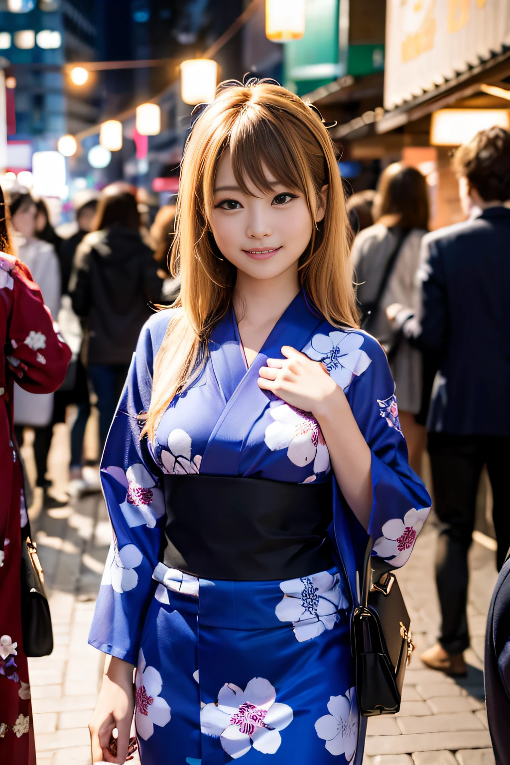 (8K、Raw photography、top-quality、masterpiece:1.2)、(realisitic、Photorealsitic:1.37)、ultra-detailliert、超A high resolution、女の子1人、see the beholder、beautifull detailed face、A smile、Constriction、(Slim waist) :1.3)、Beautiful detailed skin、Skin Texture、Floating hair、Professional Lighting、Whole human body、Longhaire、(a blond)、Japan floral yukata、matsuri、In the street、sparklers、the pose