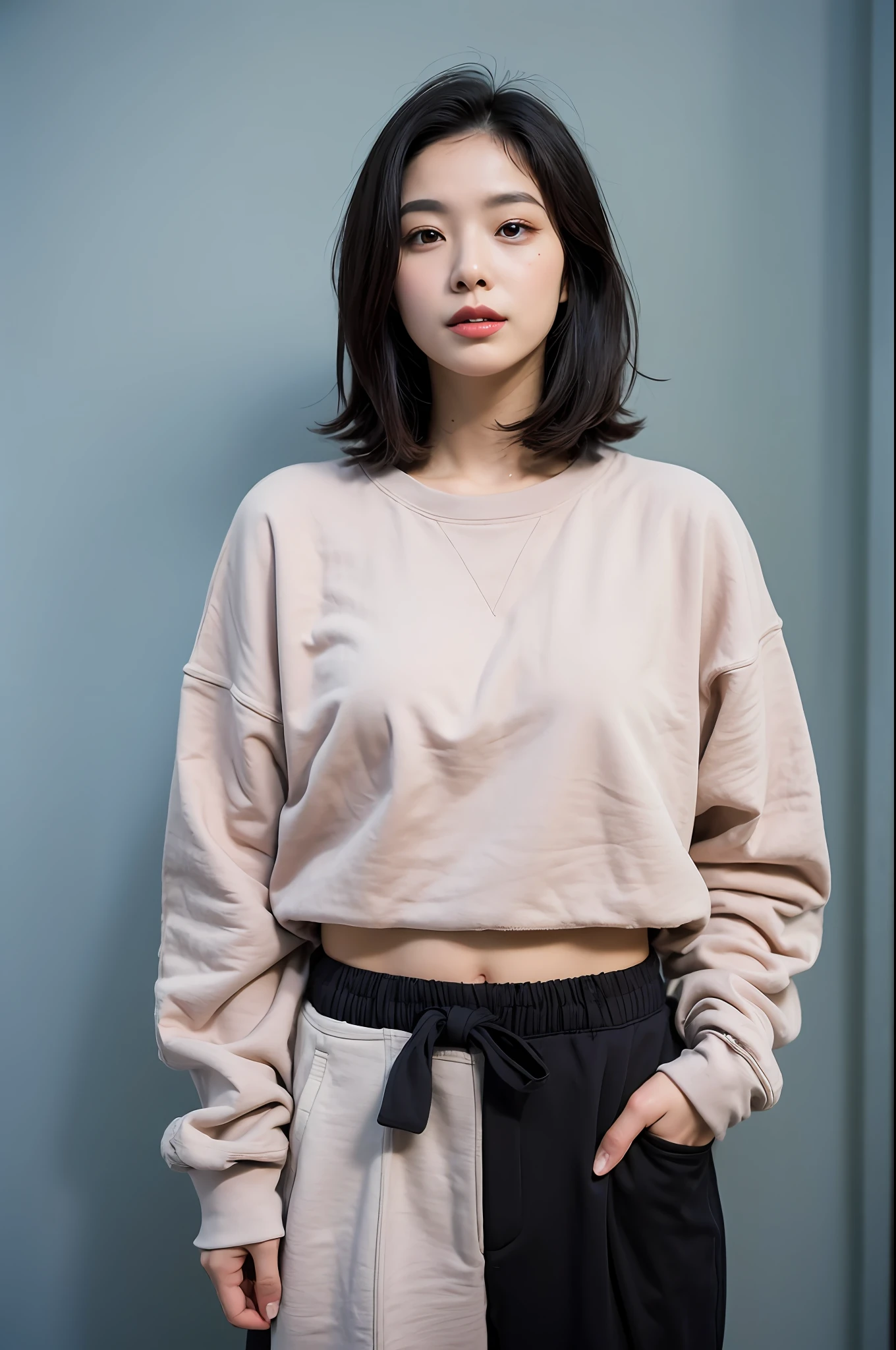 (corpo altamente detalhado, rosto altamente detalhado, melhor qualidade: 1.2), uma mulher, olhar para o espectador, (jaqueta, (fundo tokyo anoite: 1.4)Photo Studio, cabelo amarrado,colar, beijinho,corpo inteiro,sol,cabelo detalhado,olhos detalhado,pele detalhada, Buchecha rosa, detalhes,na rua,luz do dia,cabelo flutuante,corpo inteiro, sweatshirt and pants,solo,feliz,