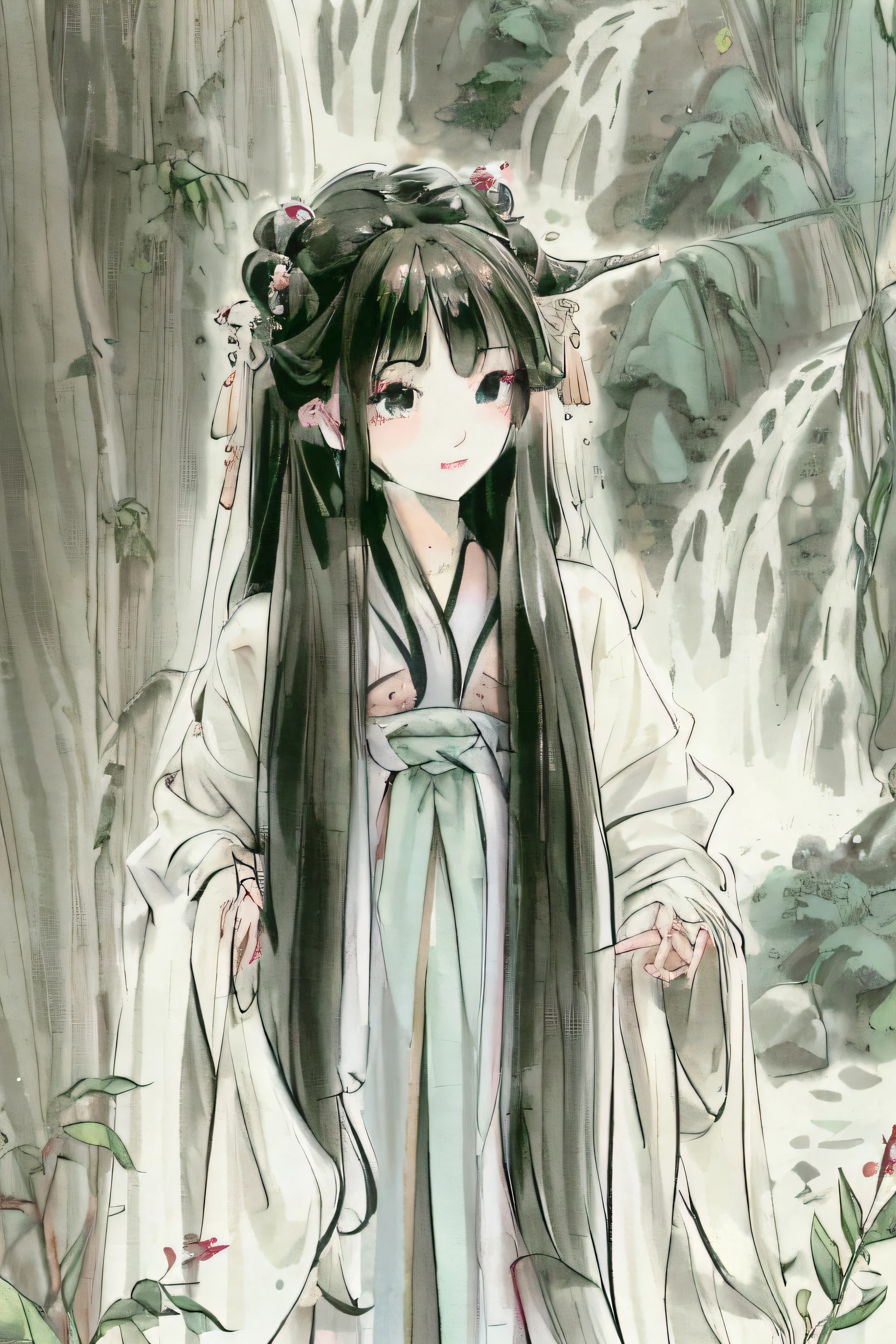 Close-up of a woman in a white dress standing in front of a waterfall, flowing hair and long robes, Anime girl with long hair, Palace , A girl in Hanfu, ethereal anime, Beautiful anime style, Beautiful anime artwork, Beautiful anime art, author:Hosomura Kane, anime visual of a cute girl, Anime goddess, Beautiful anime,Masterpiece, Best quality, offcial art, 8K wallpaper, Highly detailed, illustration, 1 girl, Black hair, Long hair, Detailed eyes, bamboo forrest, Bare shoulders, lakes, Pure, Soft smile,red color eyes
