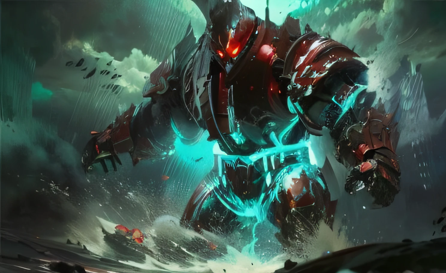 The body has red and white patterned armor，The gap between the armor reveals black gas pipes and steam，Create the atmosphere of the villain of the apocalyptic sea, and the eyes shoot scarlet red light，Look down at the soles of your feet。