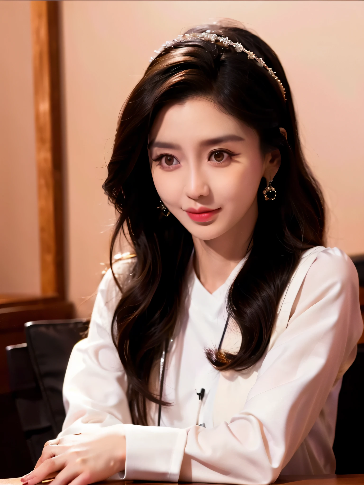 A long-haired Arapefi woman wearing a headdress sat at a table, Gorgeous young Korean woman, Beautiful young Korean woman, beautiful Korean women, wan adorable korean face, Popular Korean makeup, Shin Jinying, Fan Bingbing, young lovely Korean faces, portrait of female korean idol, Korean girl, popular korean makeup, Choi Hyun-hwa, cute korean actress