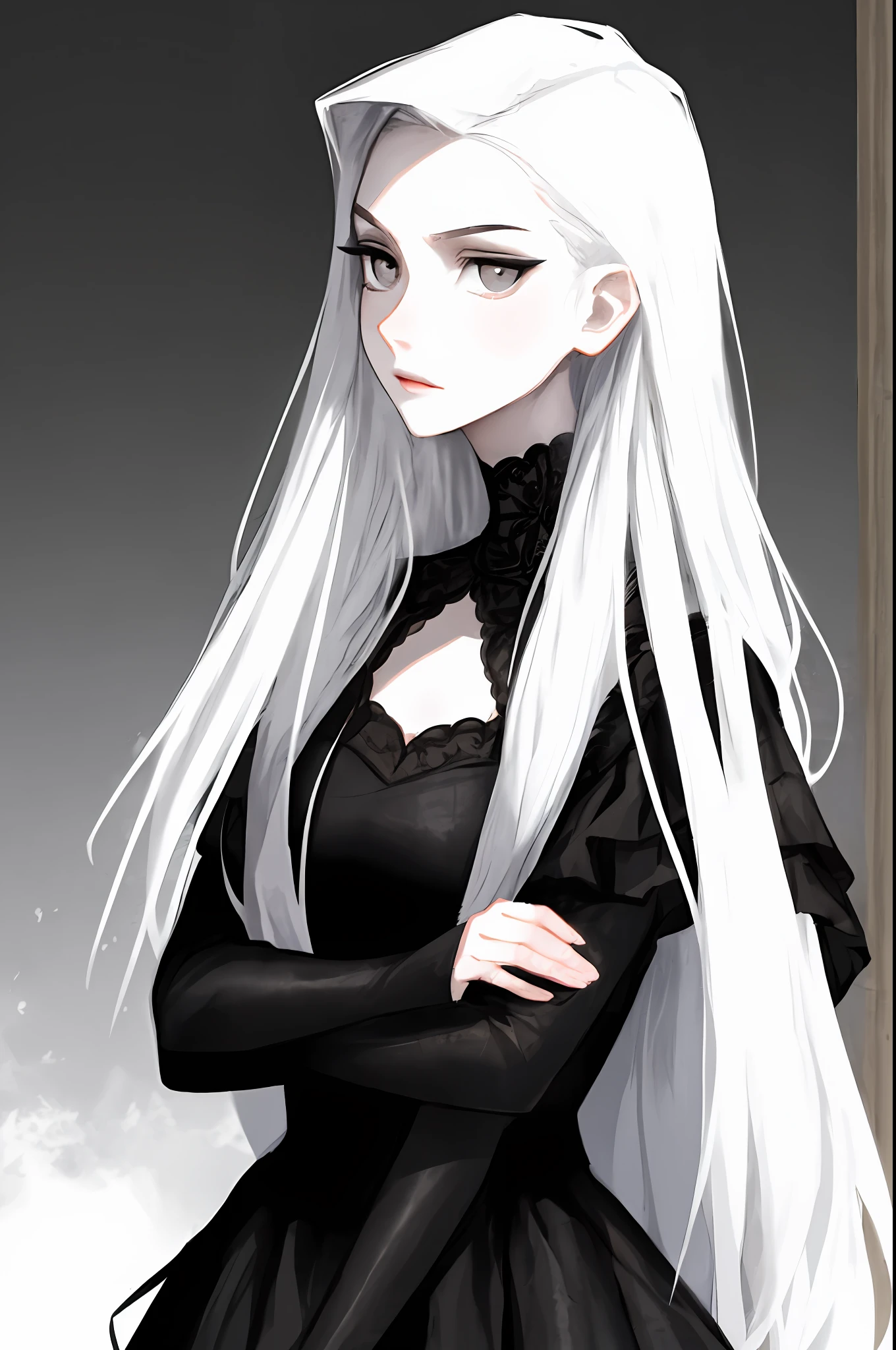 Young beautiful woman with long white hair with bangs and gray eyes in a black dress, pale, Like marble, Character portrait, gothic art