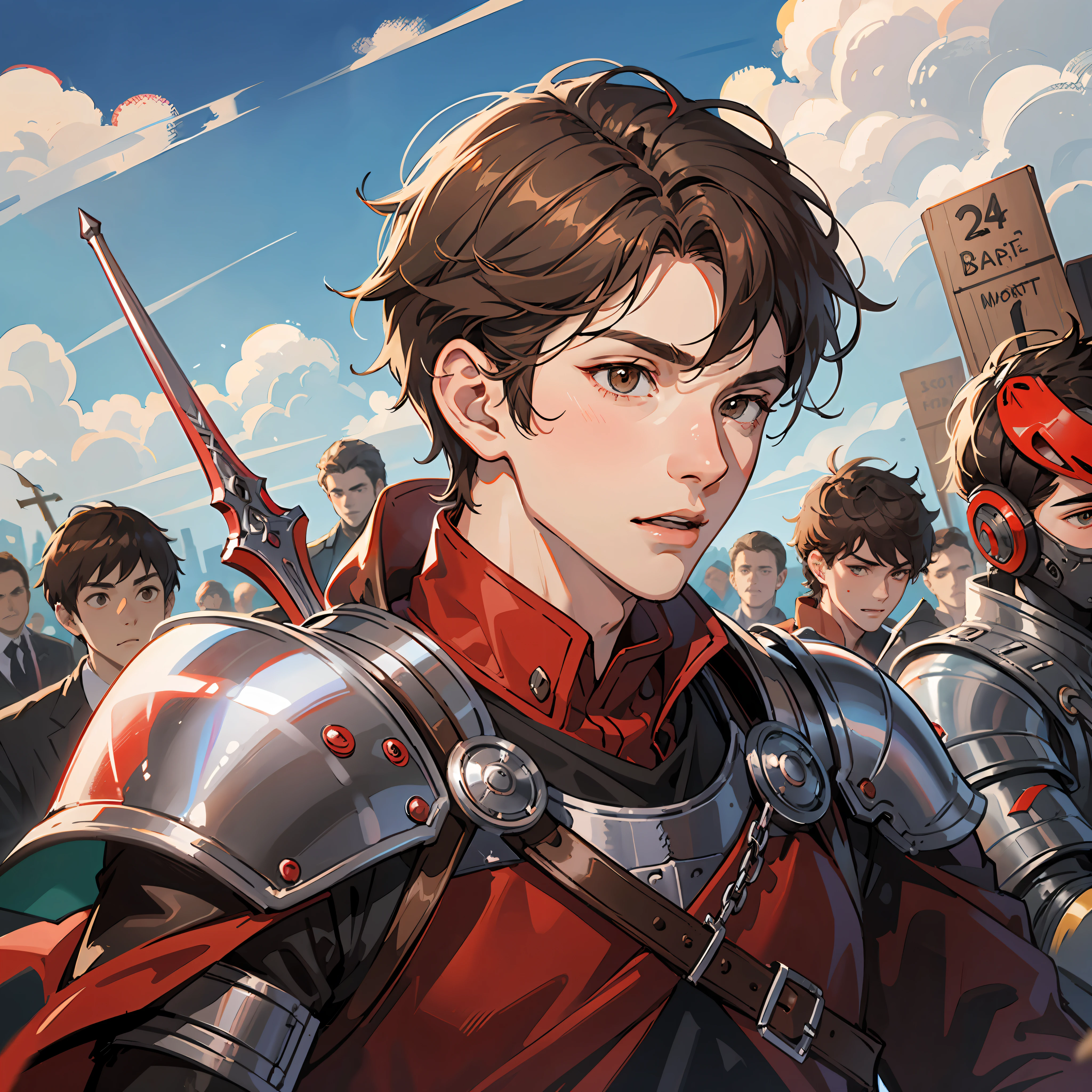 a 17-year-old teenage boy, 1 boy, brown short hair, brown short hair parted in the middle, man's short hair, without a beard, without a goatee, no facial hair, silver and red colored medieval knight armor, red clothes, war, battlefield
