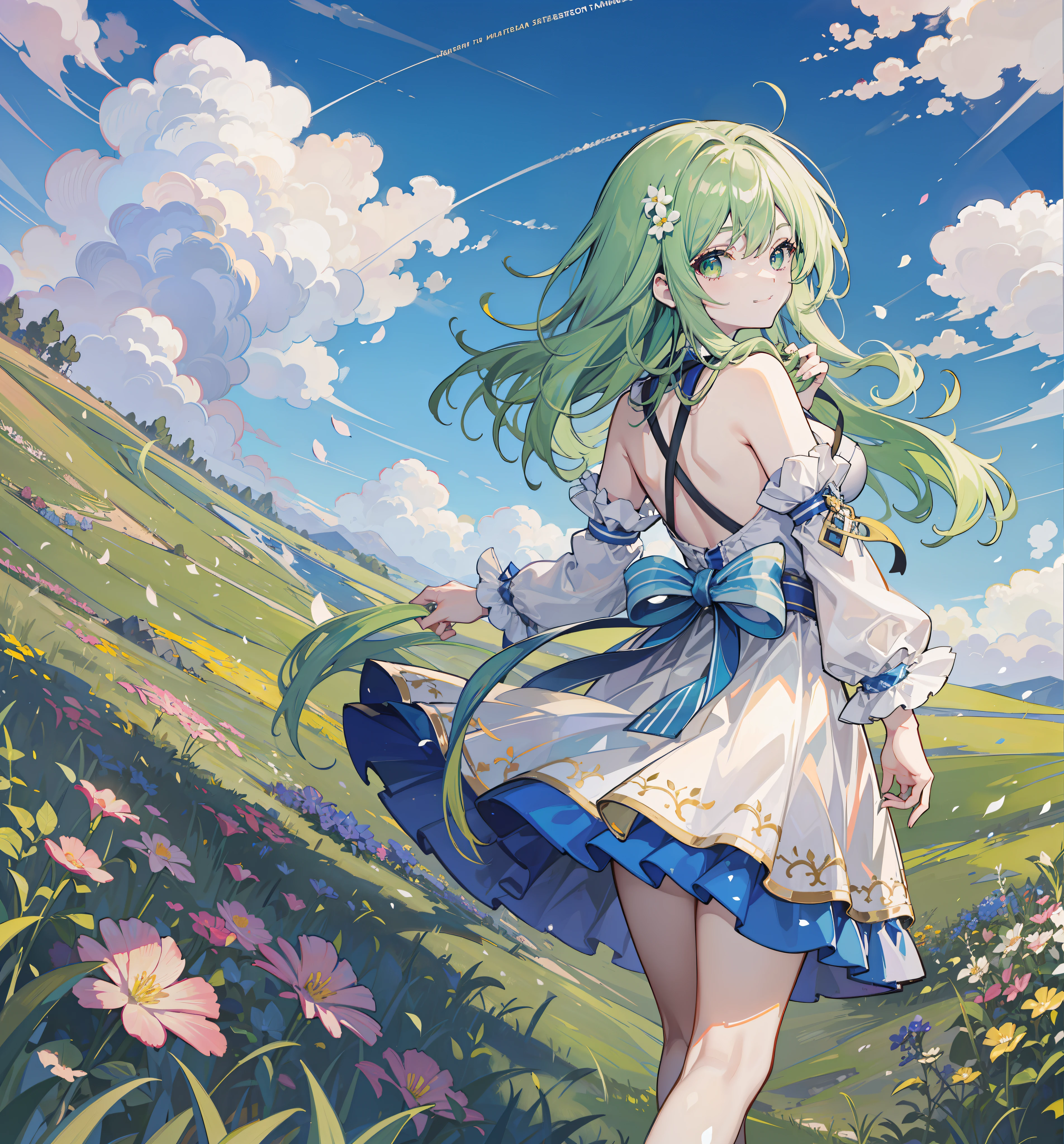 (with blue sky and white clouds,Flowers,grassy fields,8k,tmasterpiece,:1.5 green hair,teens girl,Turn Back,ssmile,blue skirts,white skinned,