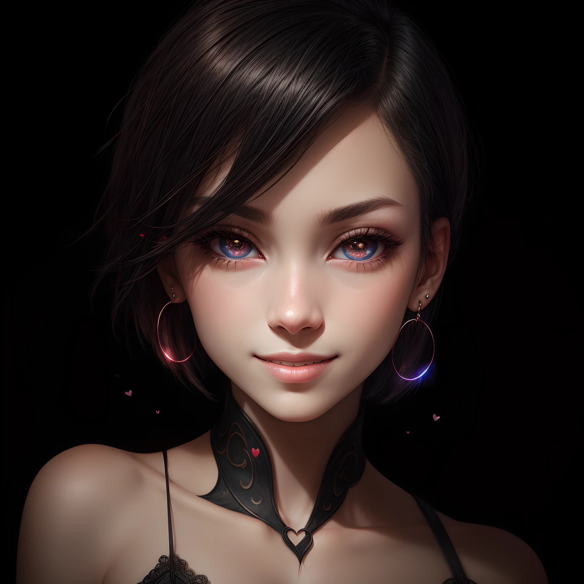 black hair, wince, longeyelashes, solid circle eyes, light smile, hair over shoulder, short hair, heart-shaped pupils, earrings, parted lips, Surrealism, drop shadow, anaglyph, stereogram, tachi-e, atmospheric perspective, 8k, super detail, ccurate, best quality, highres, super detail, textured skin, anatomically correct, retina --auto