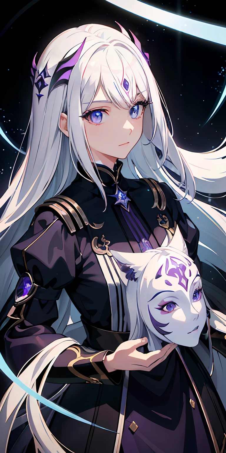 (((tmasterpiece))), Highest image quality, ultra - detailed, Anime avatar 3D model display wallpaper, A mysterious(White-haired girl in mask), Purple pupils, Soft side light through(shining light particles), The rendering is the most beautiful(Colorful hair)，Wearing a white-gold magic robe