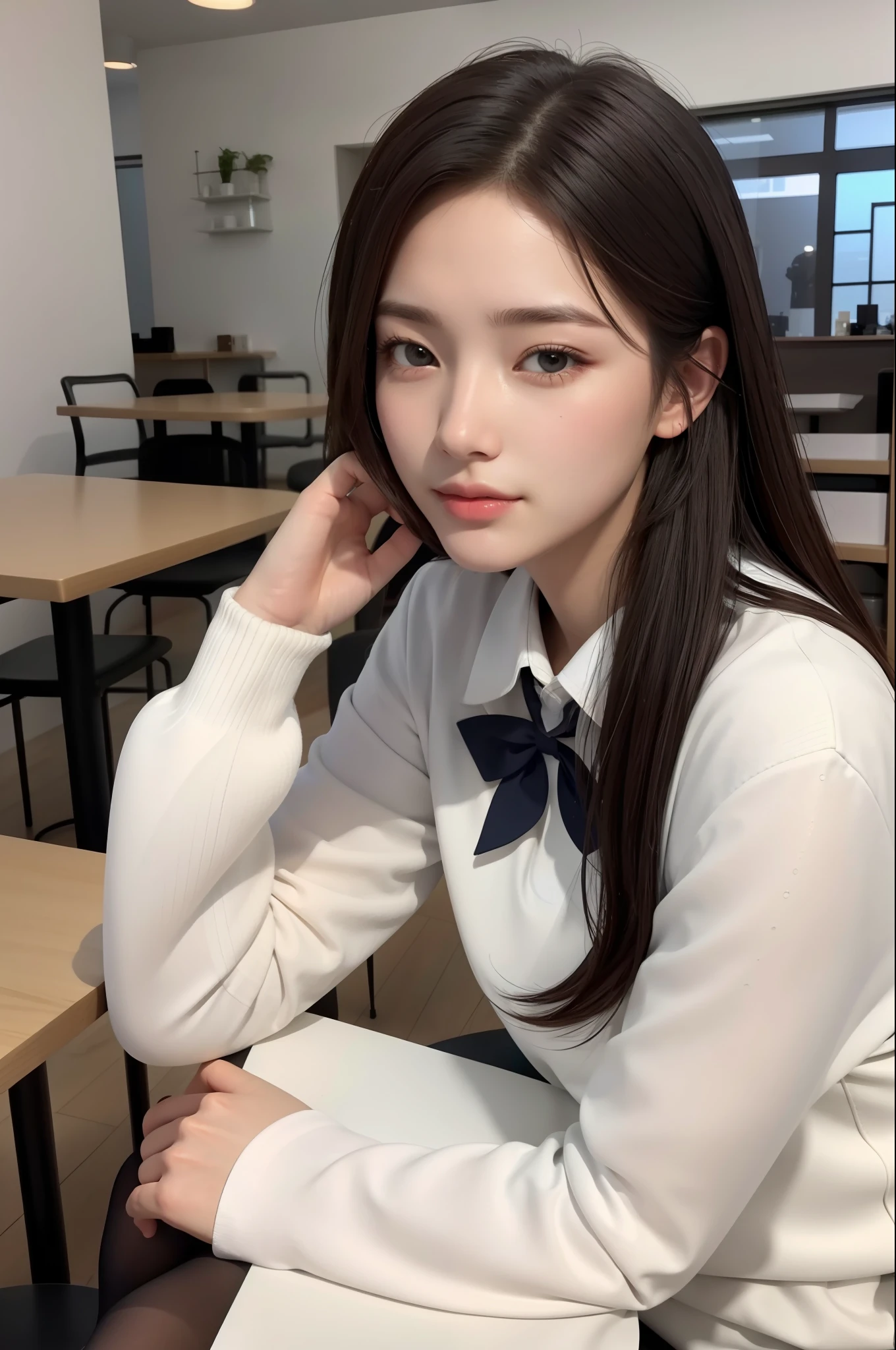 （best qualtiy：1.4）， （tmasterpiece：1.4）， （A high resolution：1.2）， （The is very detailed：1.2）， human body ratio，
1girll，18-year-old model，Wear a JK uniform，Black socks，Sit in the café，（Exquisite facial features：1.2），（highdetailskin：1.2），（photograph realistic：1.3），