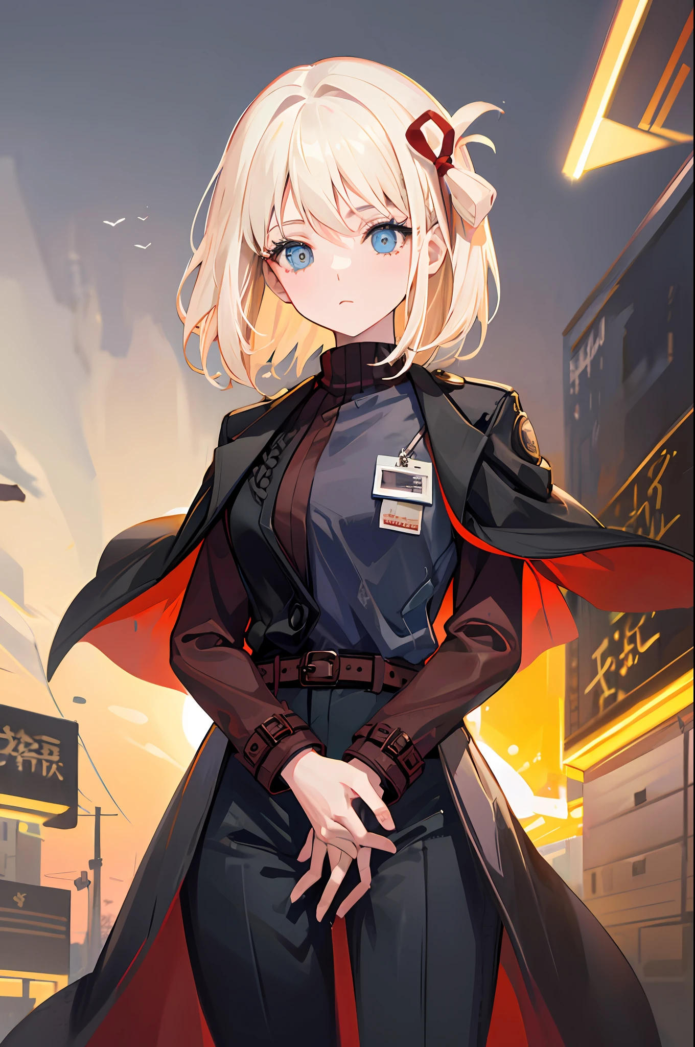 Soft lighting, (masutepiece, Best Quality), faust_limbus, default_outfit, Blue eyes, 1girl in, Solo, Black coat, Black vest, Brown sweater, coat on shoulders, Black belt, Black pants, ID Card, Simple background, Cowboy Shot