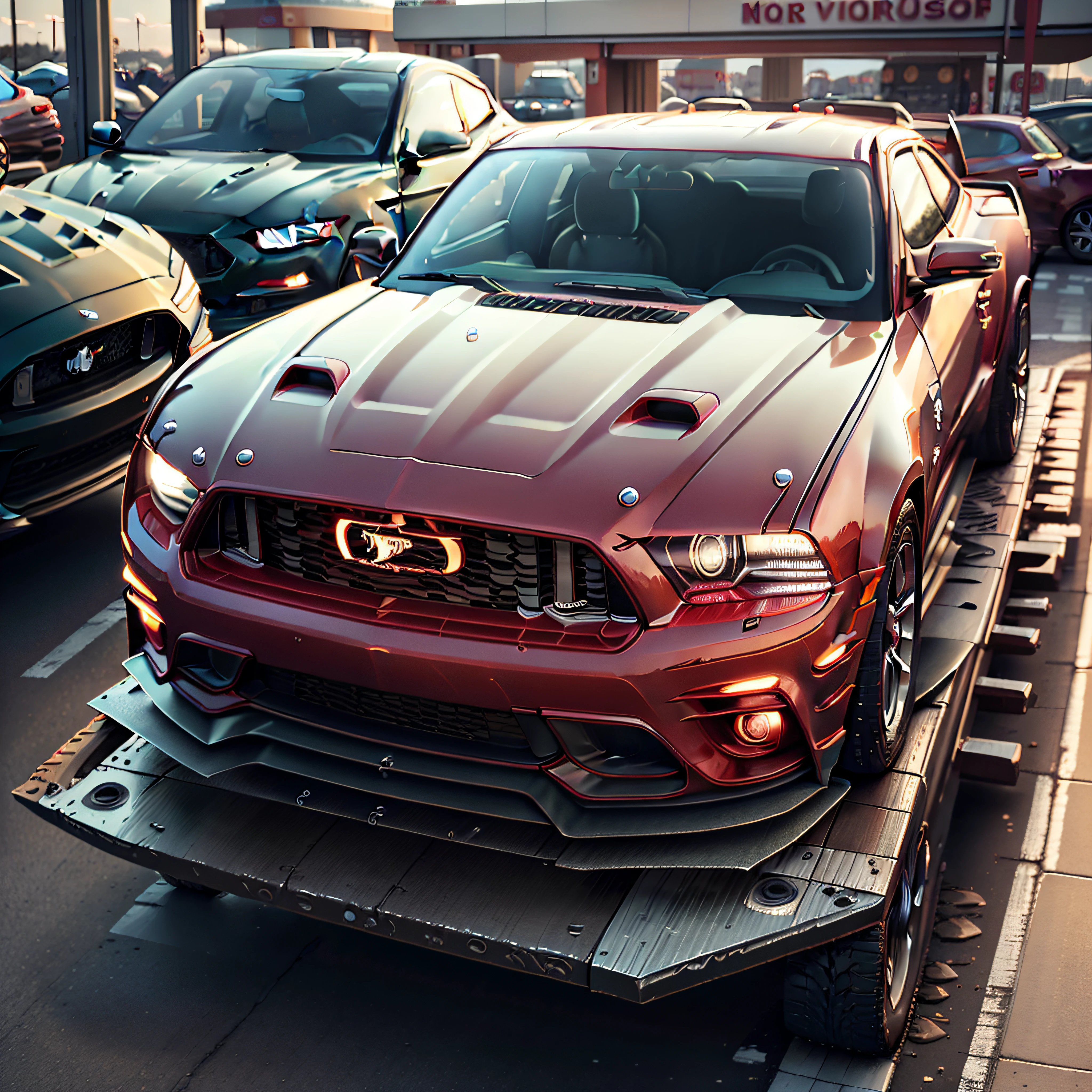 Close-up of a red sports car at a gas station, Ford mustang, Ford, With elements of the Shelby, 3D Rendering », F50, rendu raytracing, Rendu parfait, Hyper realistic rendering, Hyper real rendering, Photorealistic Rendering, Photorealistic Rendering, Red realistic 3D rendering, hyper detailed 3d render, Fully detailed rendering