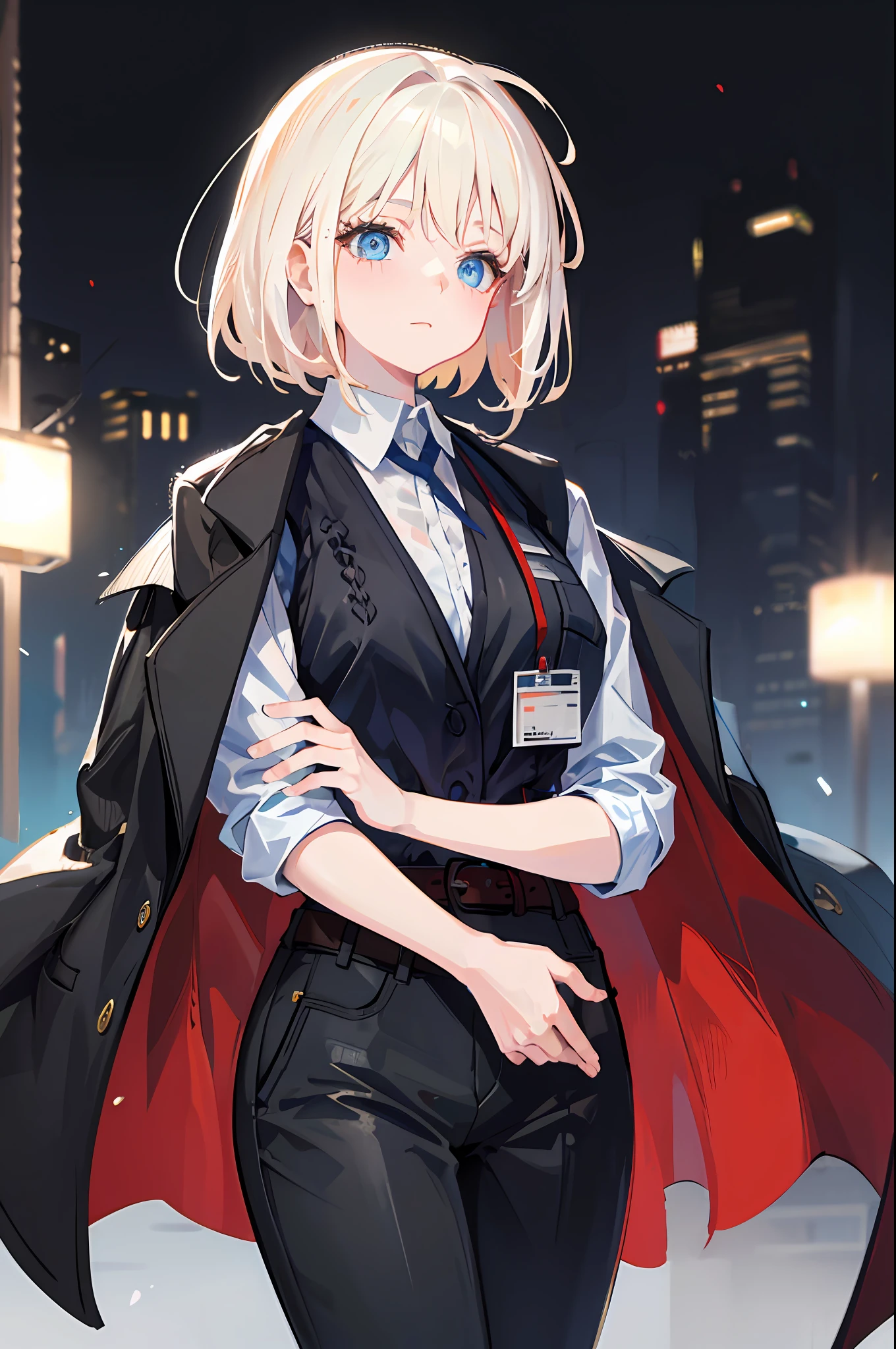 Soft lighting, (masutepiece, Best Quality), faust_limbus, default_outfit, Blue eyes, 1girl in, Solo, Black coat, Black vest, Brown sweater, coat on shoulders, Black belt, Black pants, ID Card, Simple background, Cowboy Shot