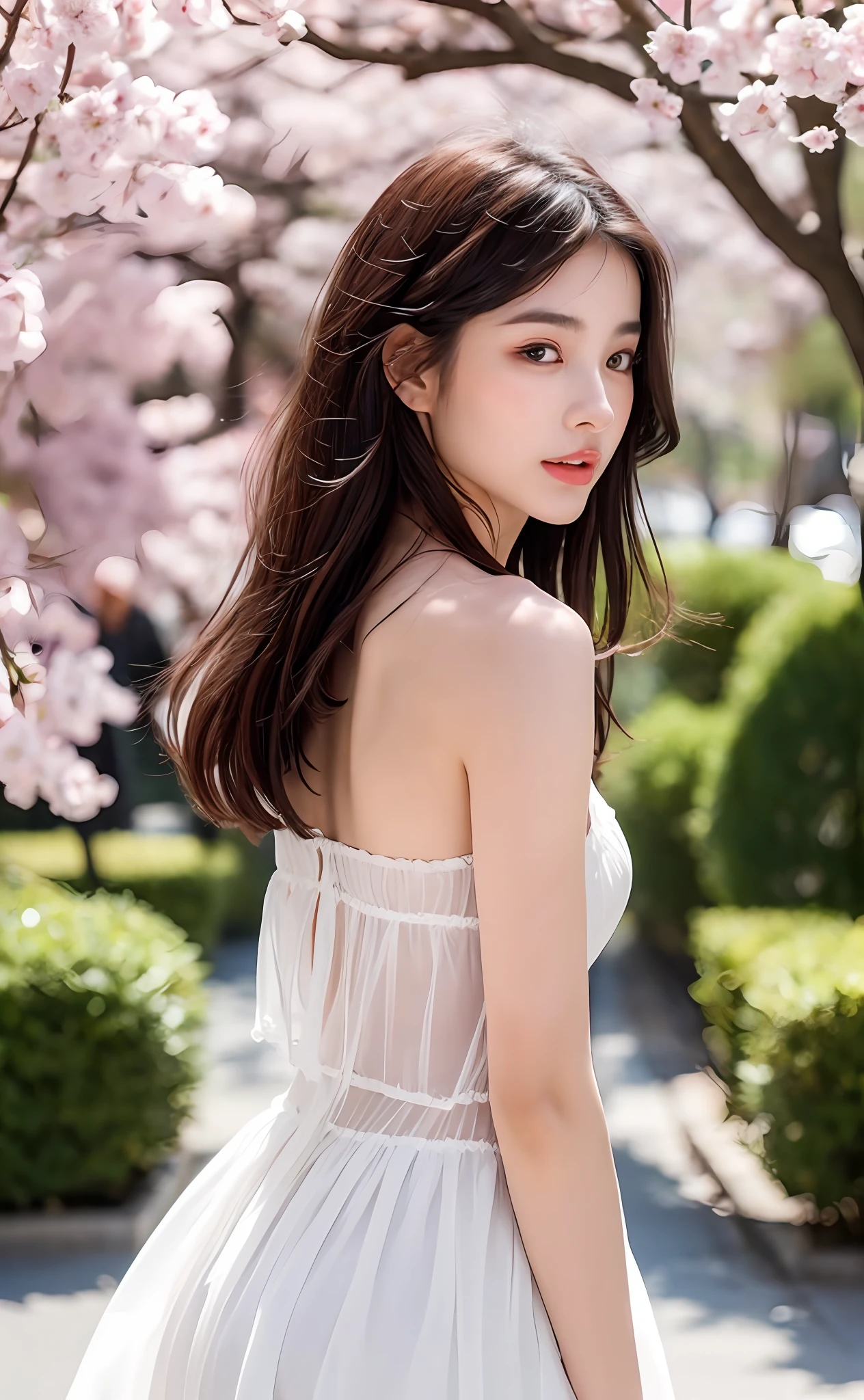 ((best quality, 8k, masterpiece: 1.3)), Focus: 1.2, Perfect body beauty: 1.4, buttock: 1.2, ((Laminated haircut)), (Wet clothes: 1.1), (Rain, street:1.3), Tulle Fabric, Plain skirt, (Red dress: 1.2), Soft style, The surface of the skin and face has many details, Delicate eyes, Double eyelids, White, Long and curly hair, (Shut up: 1.5), Bare-shoulders, Cherry blossoms in the background, bustling street scene